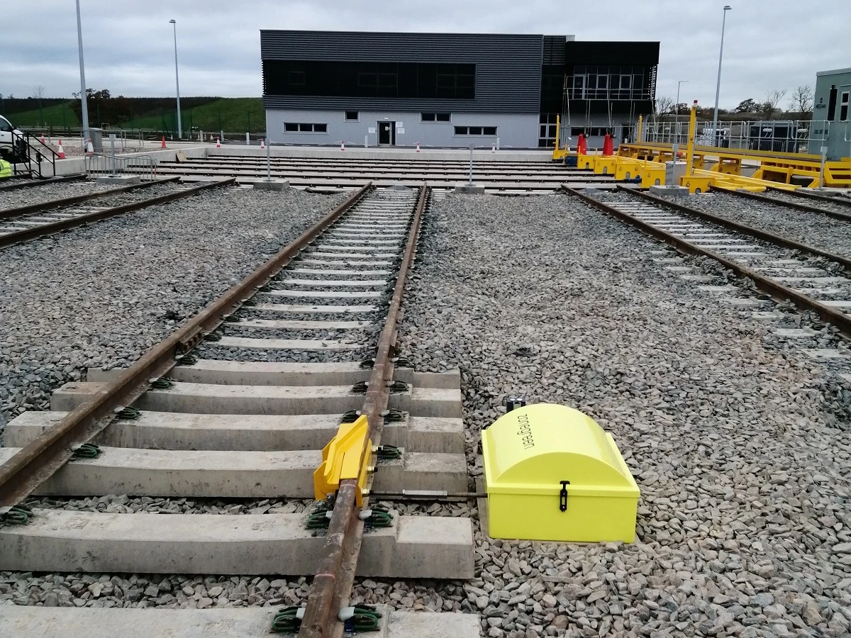 A Zonegreen derailer installed on one of the roads leading to the new traverser at the DIRFT logistics park in Northamptonshire.