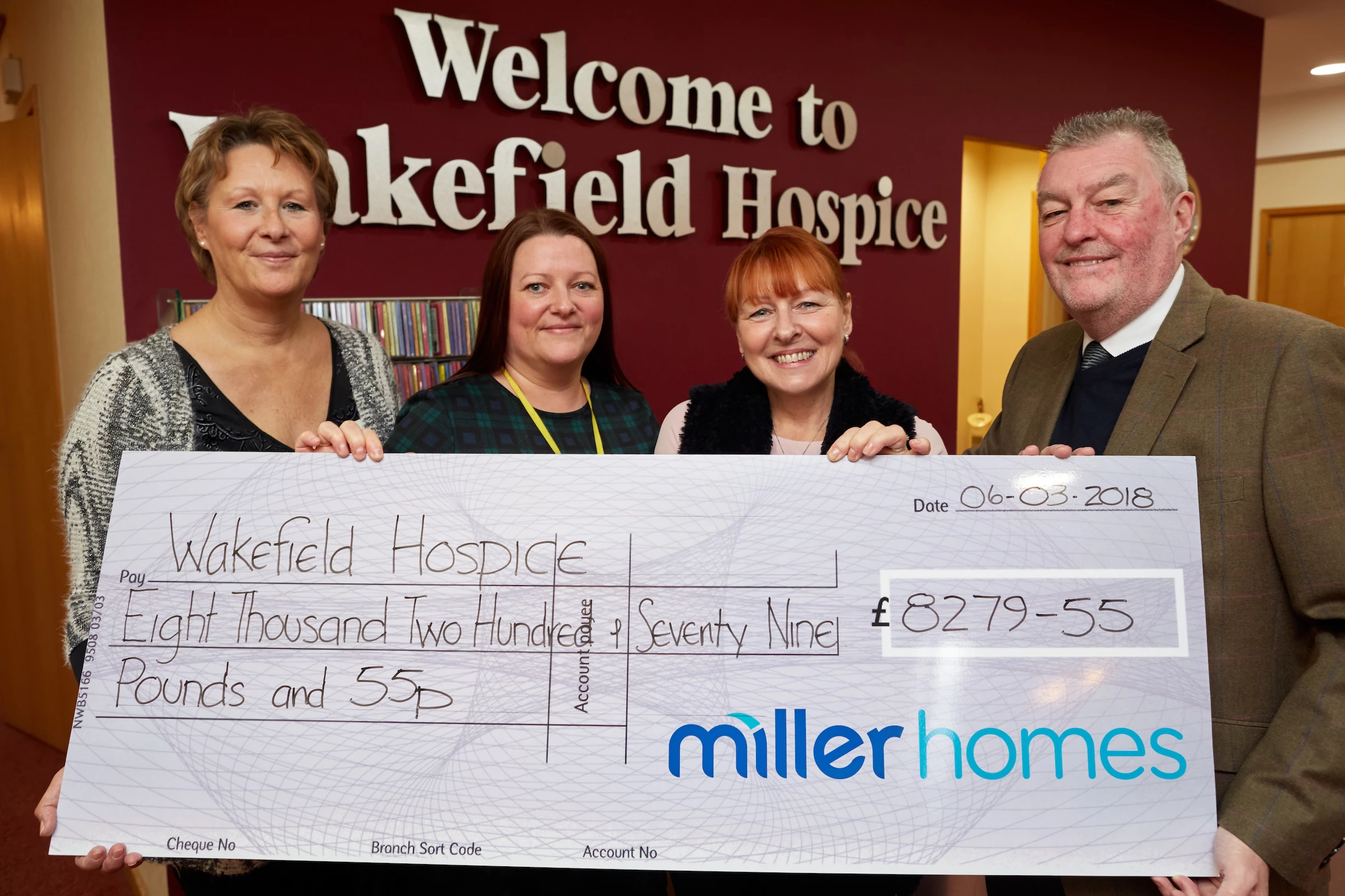 Cheque presentation to Wakefield Hospice for £8279.55 by Miller Homes