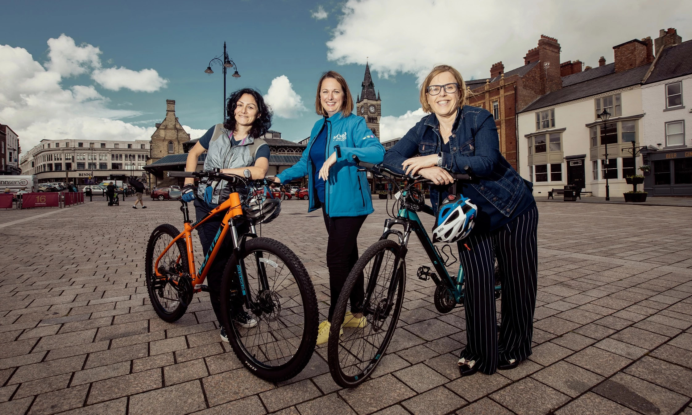 Juelz Lee-Deckard (bike mechanic at Bike Stop, Darlington's active travel hub), Erica Malkin (Let's Go Tees Valley), Philippa Rayner from Darlington who took up cycling after her marriage broke up