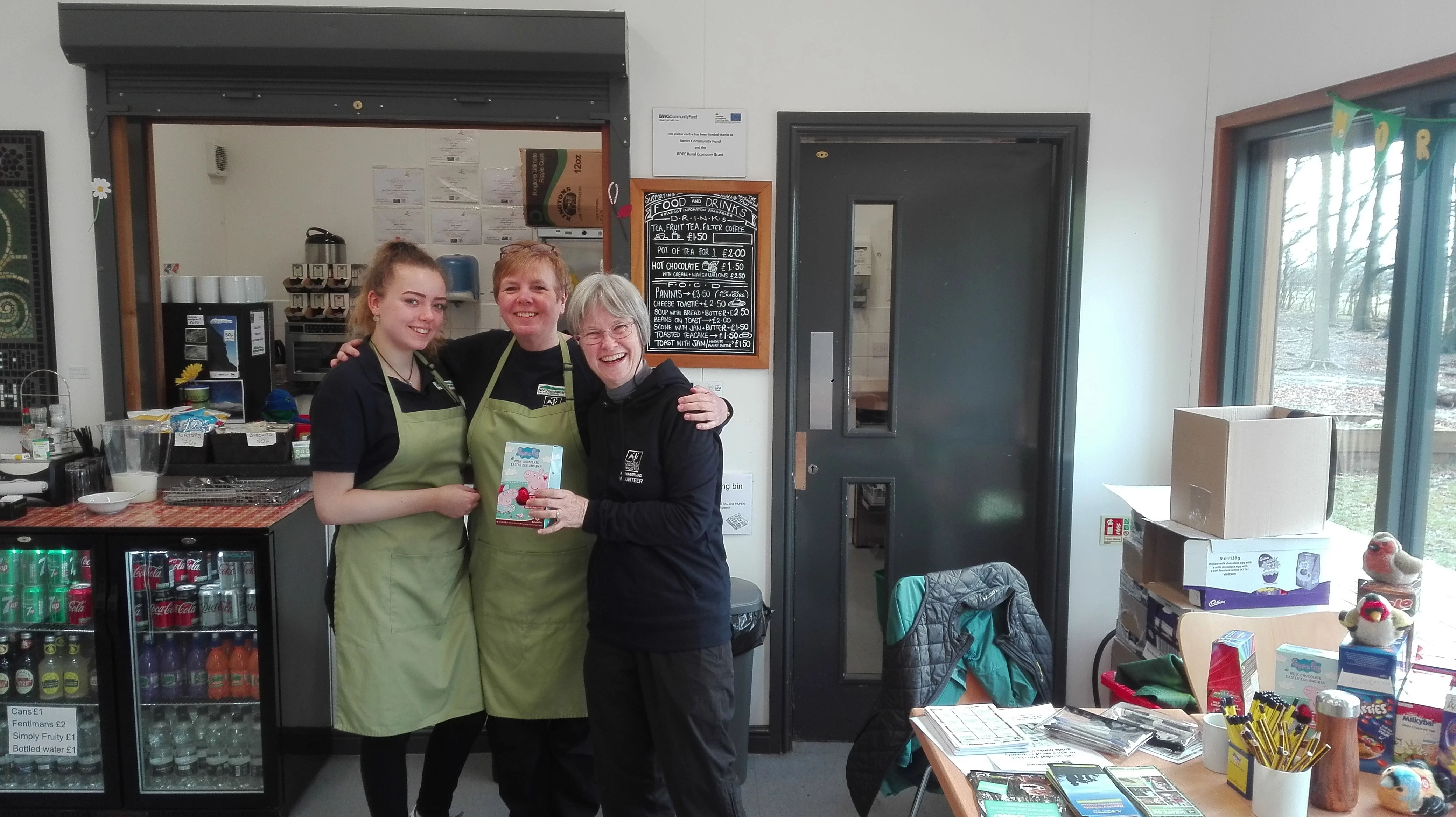 Jessica Sharp (left) and Catherine Allen (right) Northumberland Wildlife Trust volunteers with Verna Sharp, Northumberlandia Visitor Centre Assistant.