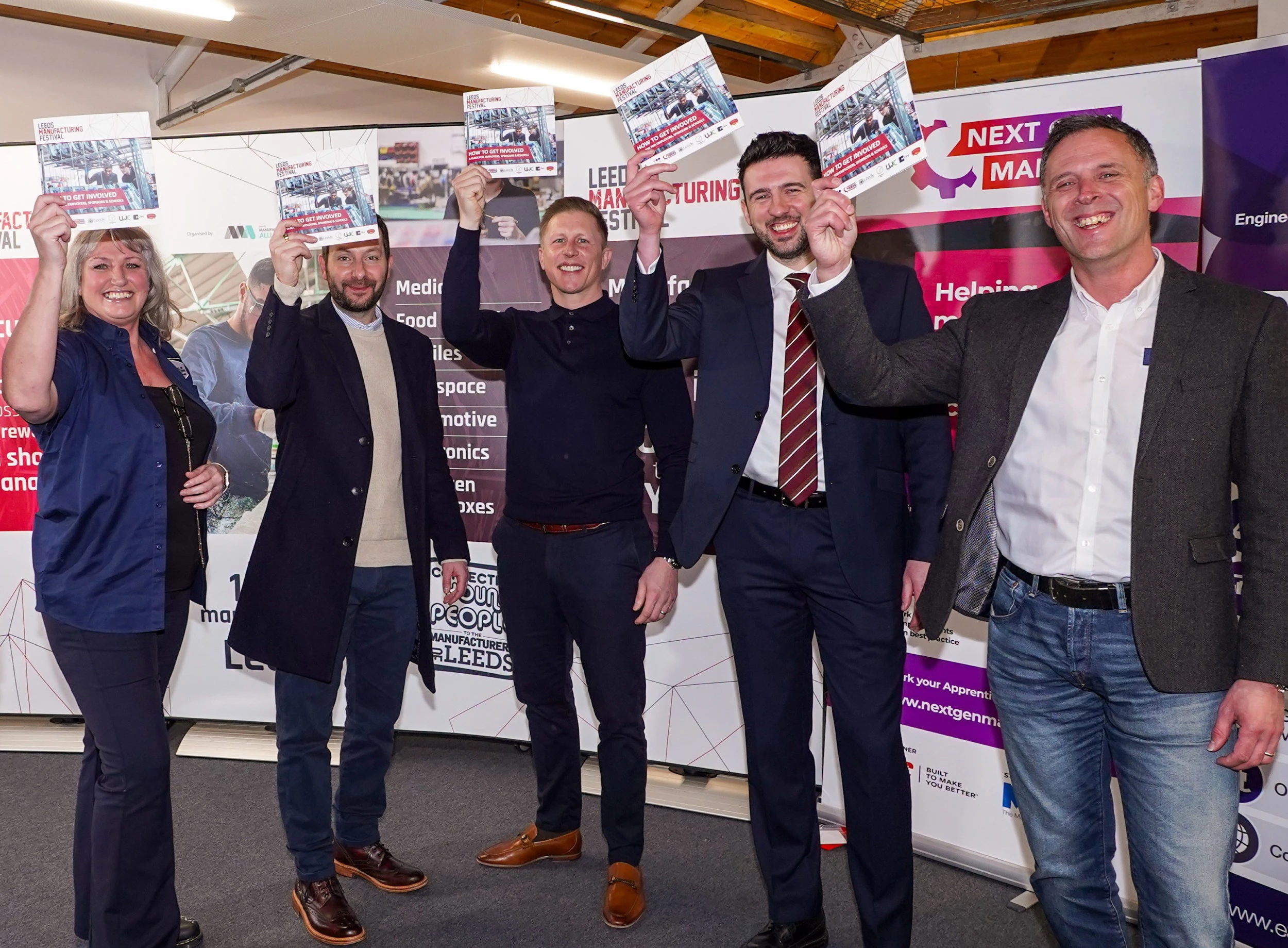 Sponsoring the 2023 Leeds Manufacturing Festival, l-r Mitch Scott, Leeds City College; Adam Tipper, Next Gen Makers; Matt Booth, E3 Recruitment; with Gavin Howarth of the Howarth Foundation and festival chair Ben Wilson.