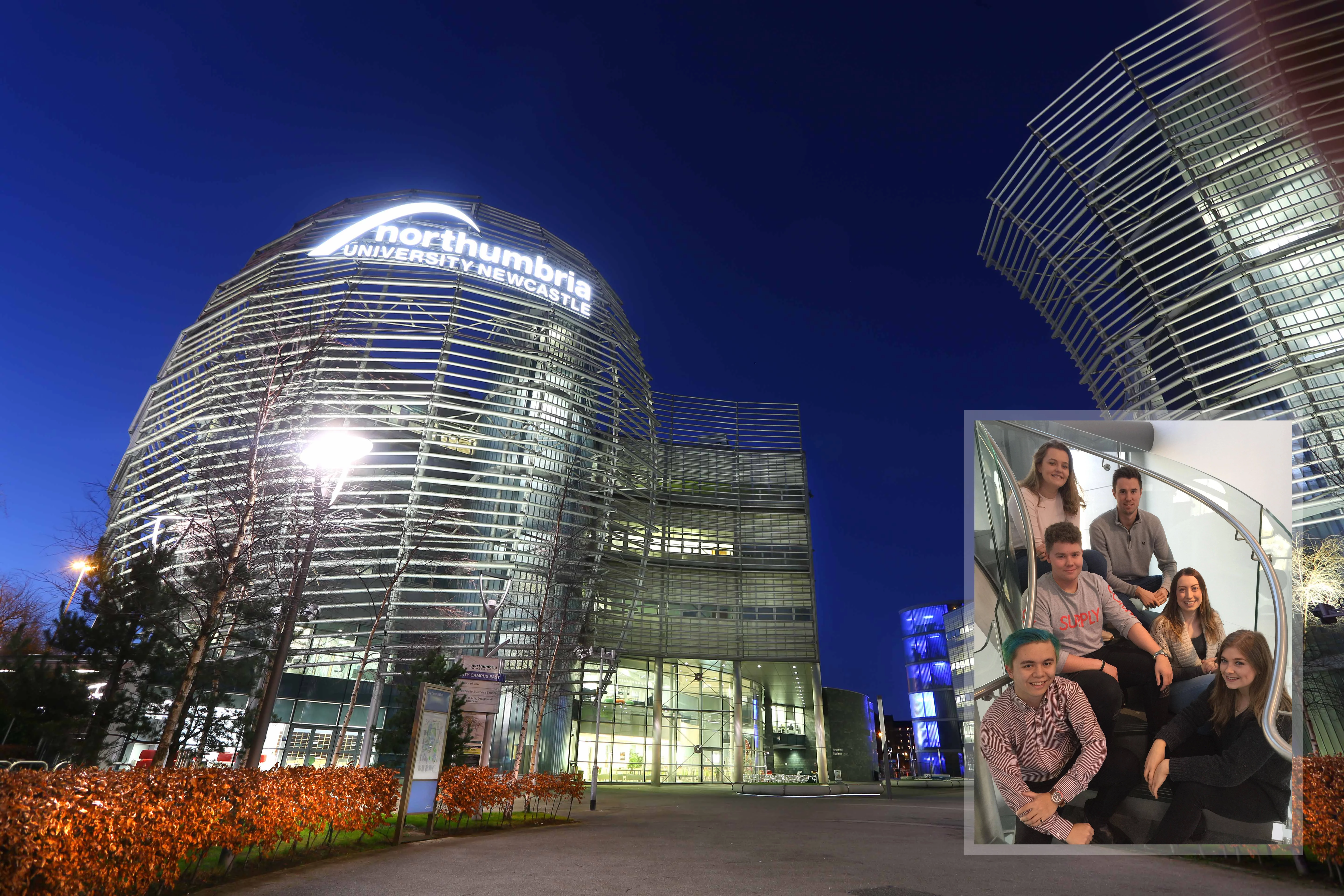 Newcastle Business School and successful students (inset): Front L-R - John Nichols and Lydia Willis. Mid row L-R -  Alex Colby and Samantha Bright. Back L-R - Georgie Smith and Sam McDermid