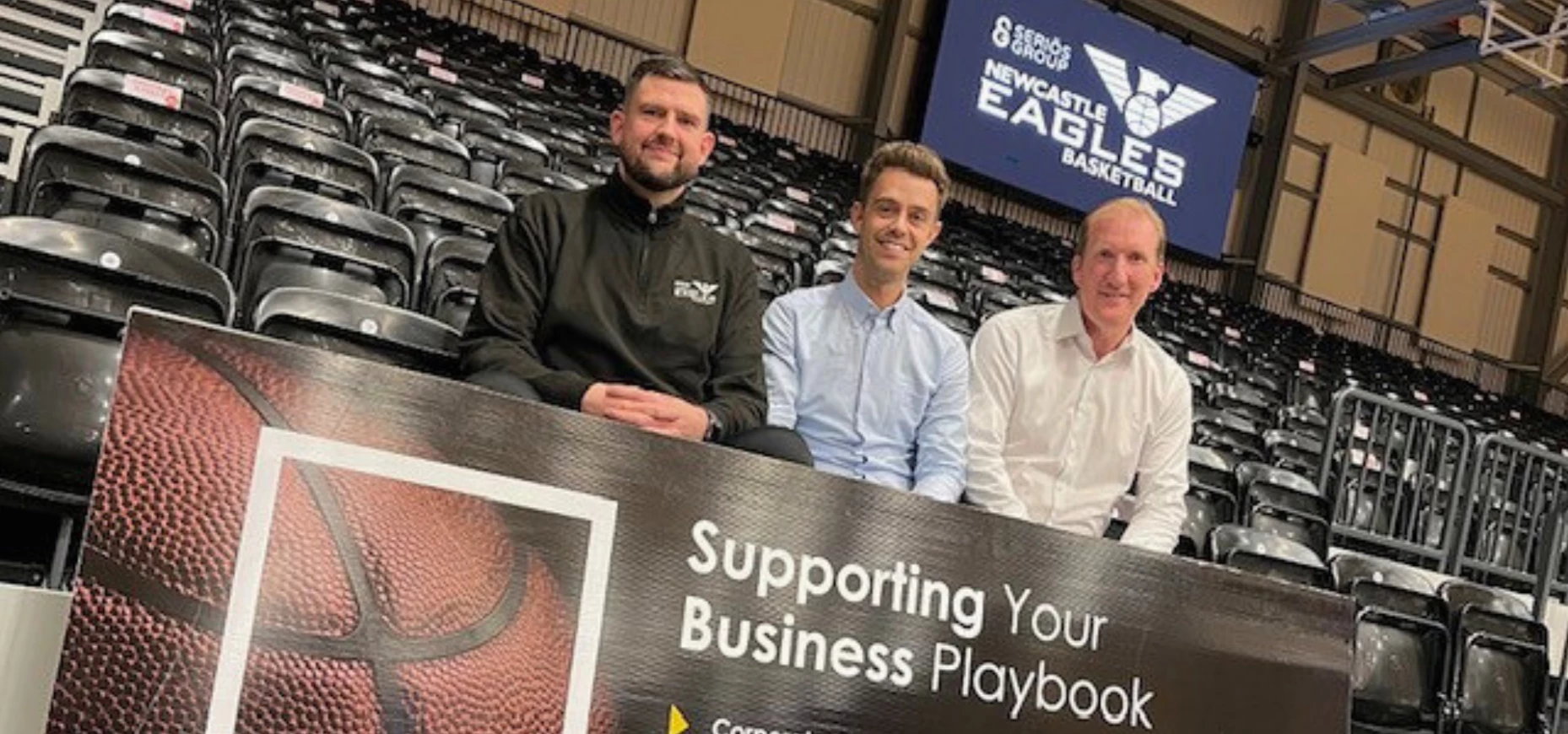 Marc Steutel, Head Coach Newcastle Eagles, with Dan Cooper, and Paul Blake.