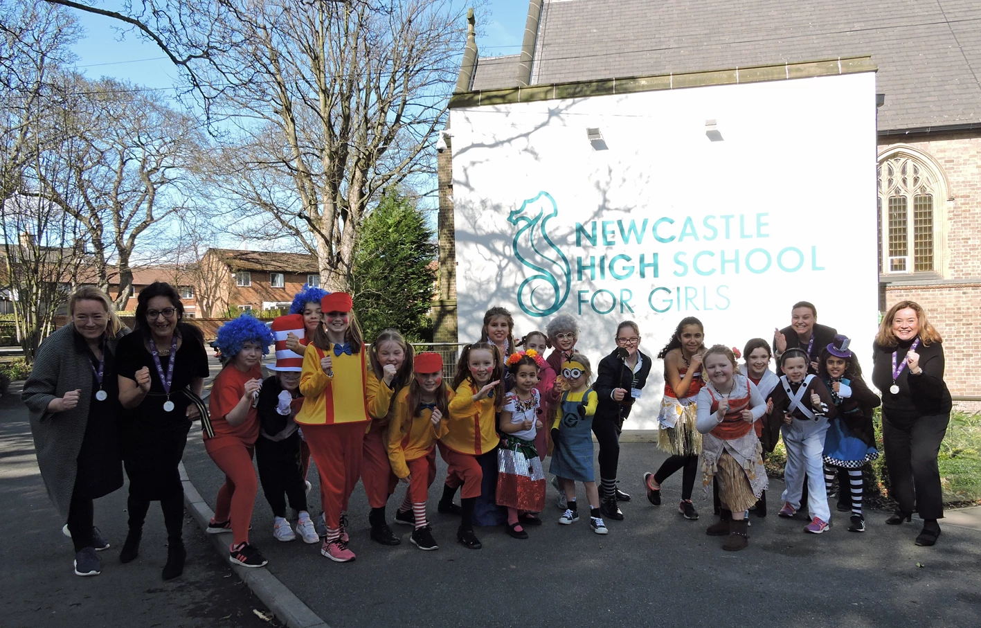 On their marks for the Film Fun Run - pupils and (l-r) Helen Cadzow, Asmah Baig, Lucy Kendall, Angela Charlton