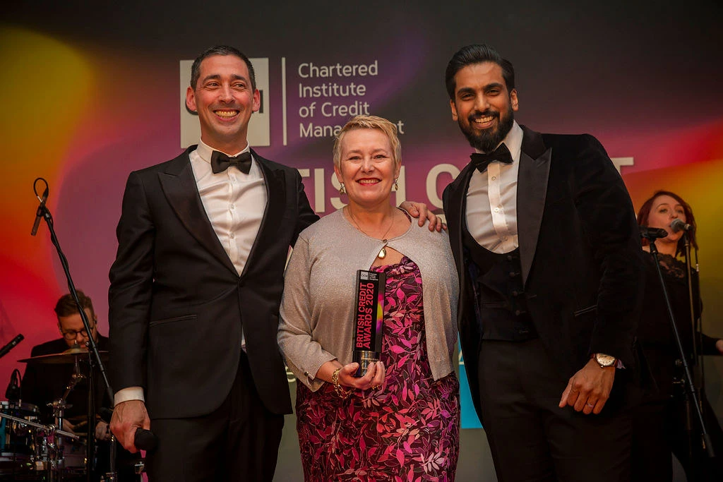 (L-R) Comedian Colin Murray, chief executive of Smarterbuys Store Vicky McCourt and event sponsor Kabir Gulab-Khan (senior manager at Hays Credit Management