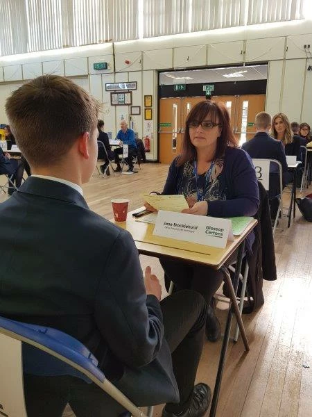 Jane Brocklehurst from Glossop Cartons chats to students during a careers talk.