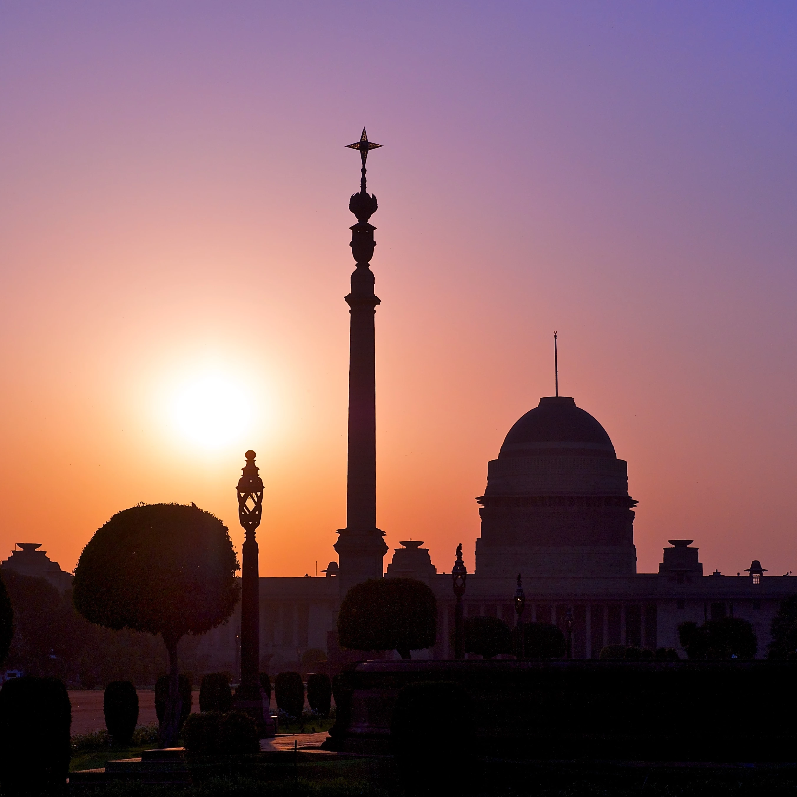 Sun setting over the Presidential Palace, New Delhi