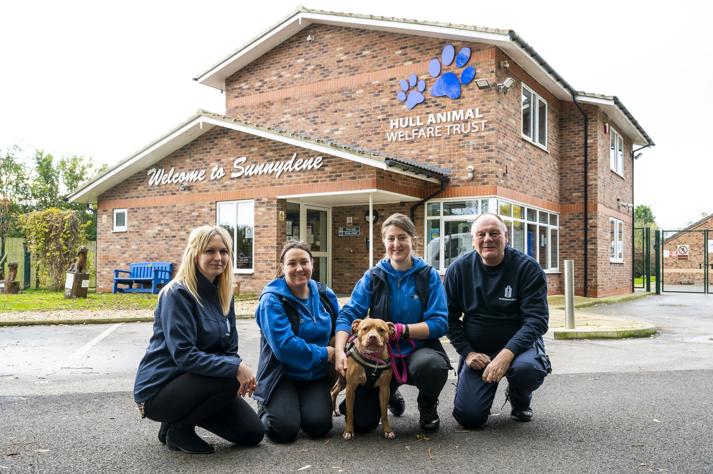 L-R Jenny Kemp, from Pickerings Lifts, Holly Barker, dog Tia, Kelly Walmsley, from HAWT, and Ian Woodward, from Pickerings Lifts.