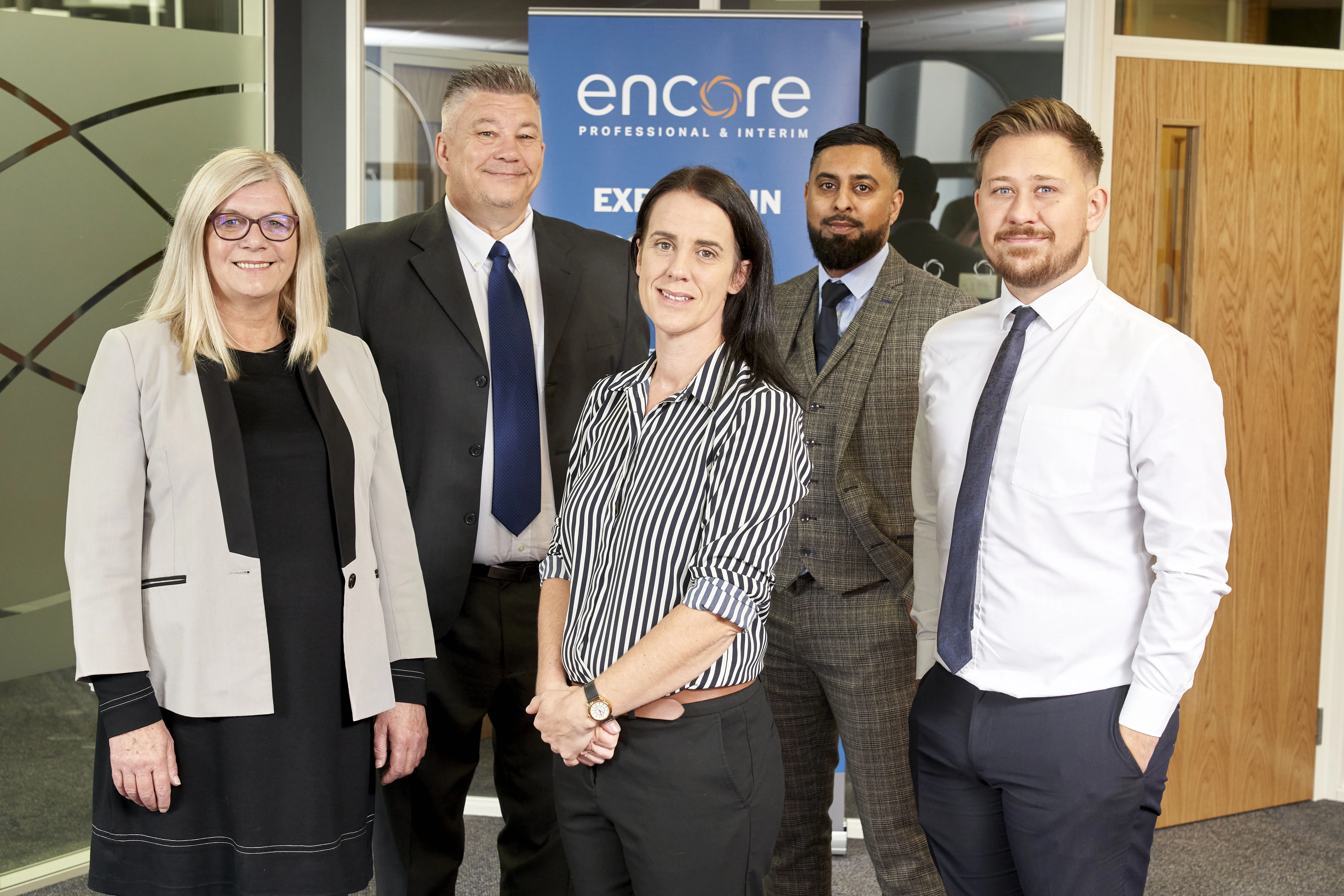 L to R - Zandy Houghton, Nick Green, Louise Bragg, Shiraz Malik, Sam Marshall, Encore Personnel Professional team