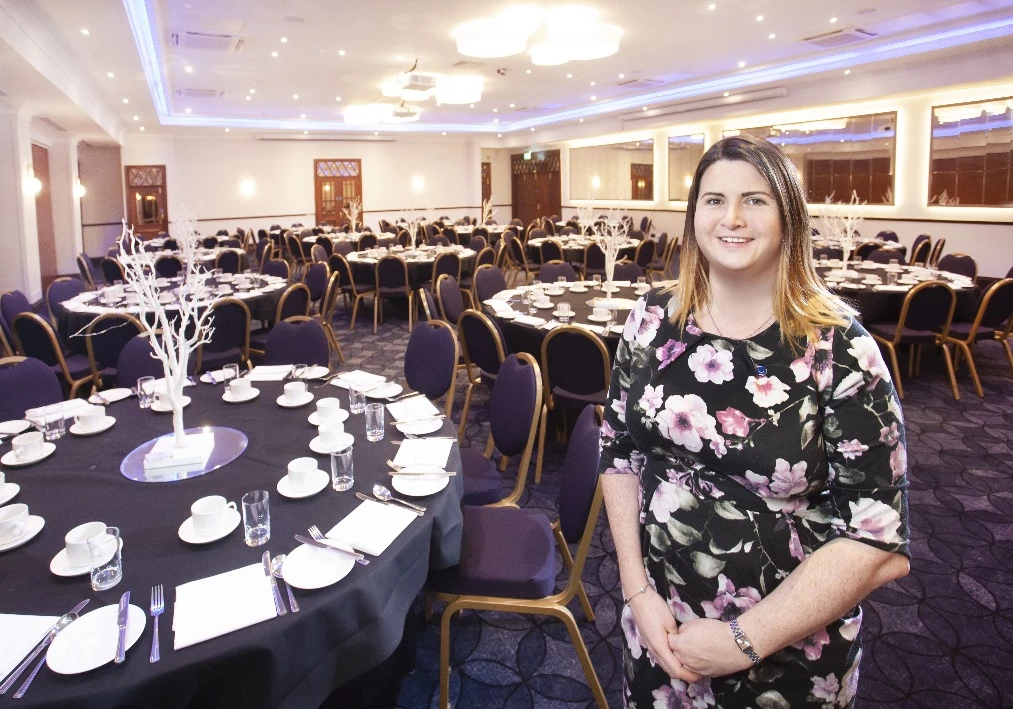 Park Inn by Radisson York City Centre’s food and drink manager, Claire Pennock-Halpin, in the hotel’s newly refurbished 400-capacity Henley Regatta suite.