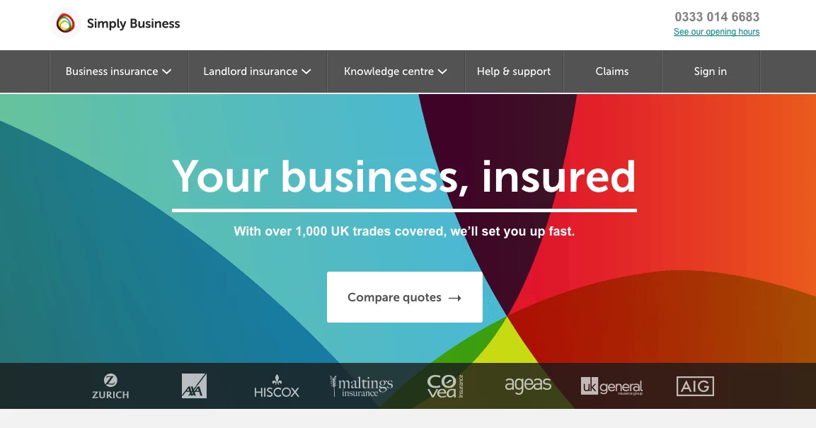 Simply Business homepage.