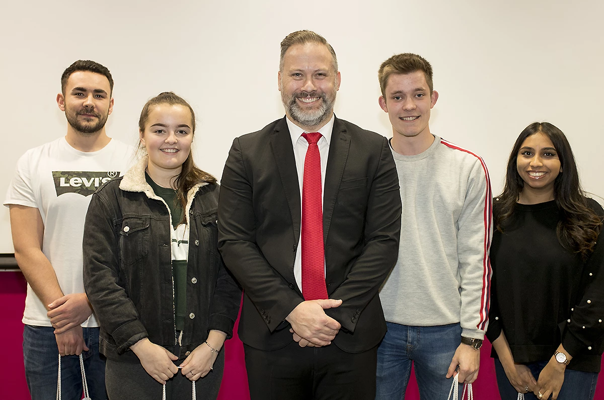 Oliver Clifford, Alex Bagnall, Oliver Higgins branch manager at Santander, Jack Lowe, Alisha Mistry   