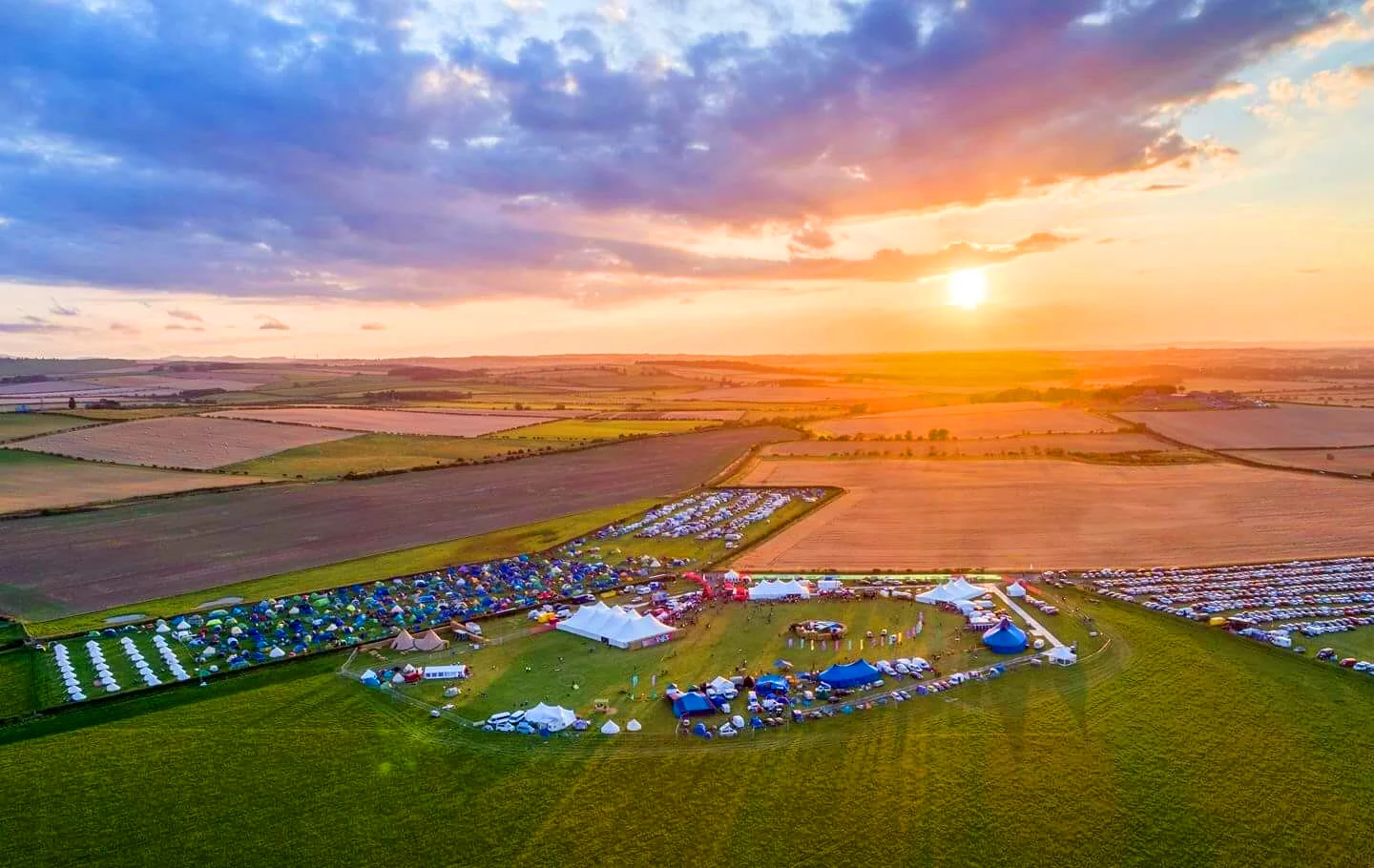 Aerial view of Lindisfarne Festival, Beal Farm Northumberland 