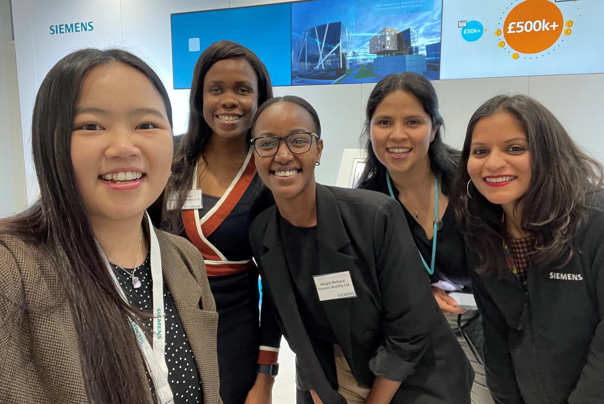 Siemens engineers, left to right, Kelly Lo, Titi Oliyide, Allegria Bwitonzi, Yanely Jimenez-Licea, Maya Solanki