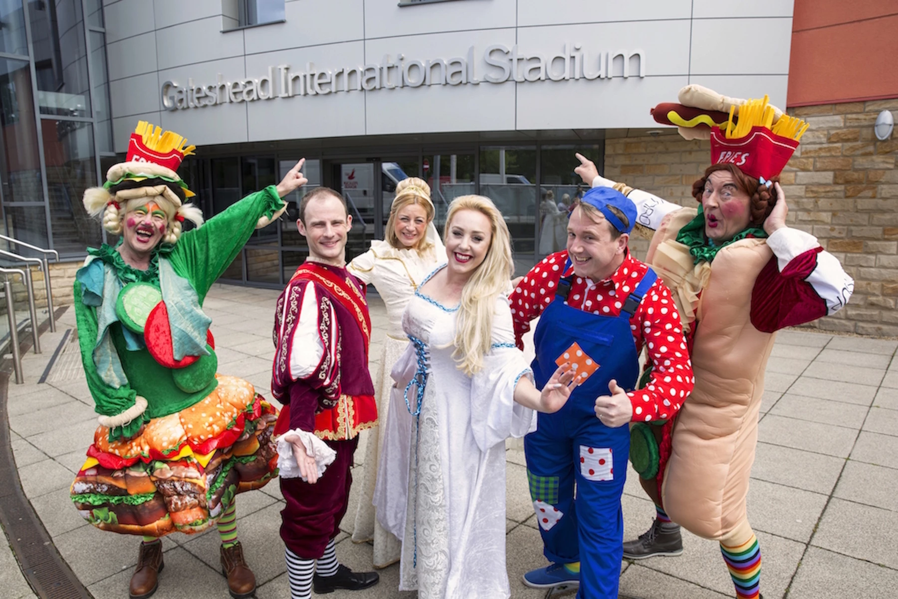 Sleeping Beauty at Gateshead International Stadium (left to right) Dottie Stottie (Bob Stott) Prince Berb of Bedlington (James Hedley) Queen Bumble (Christina Dawson) Princess Aurora (Emily Swan) Lottie Stottie (Maxie Peters) Picture credit: John Millard