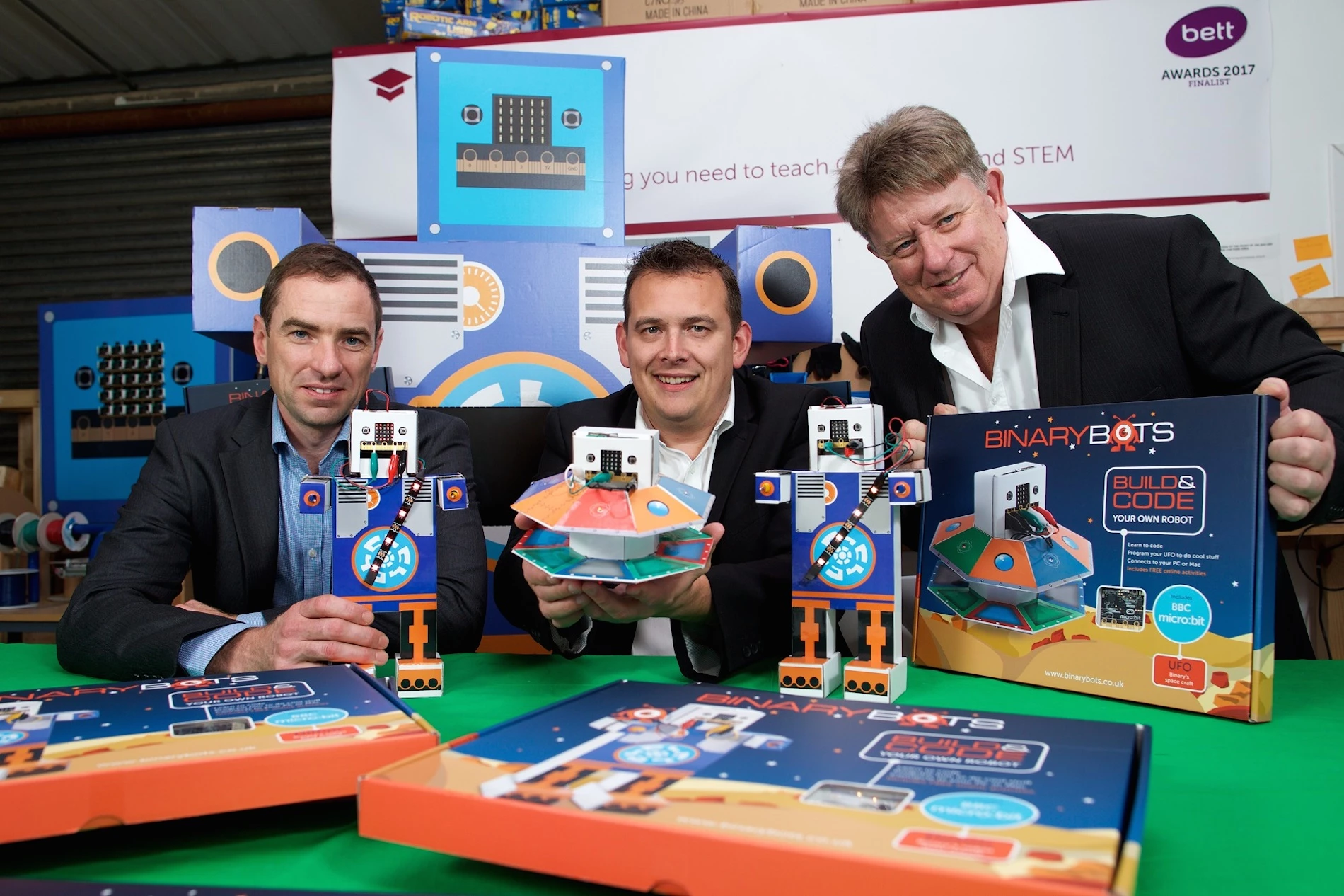 nventor Chris Burgess, centre, with his BinaryBots, the company’s chair Chris Baldock, right, and Graham Davies of Mercia Fund Managers,