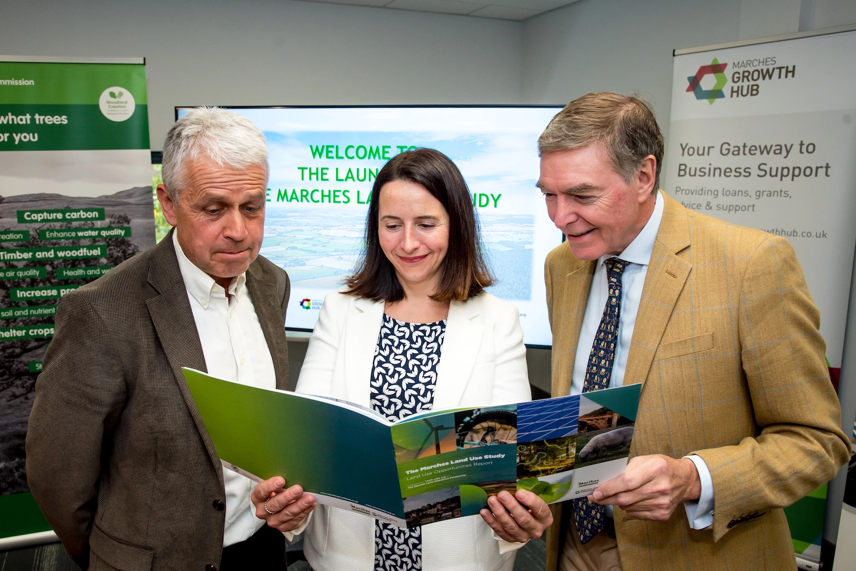 Rachel Laver (centre) of the Marches LEP launched a land use study with Ludlow MP Philip Dunne and Colin Preston, chair of the Marches Local Nature Partnership