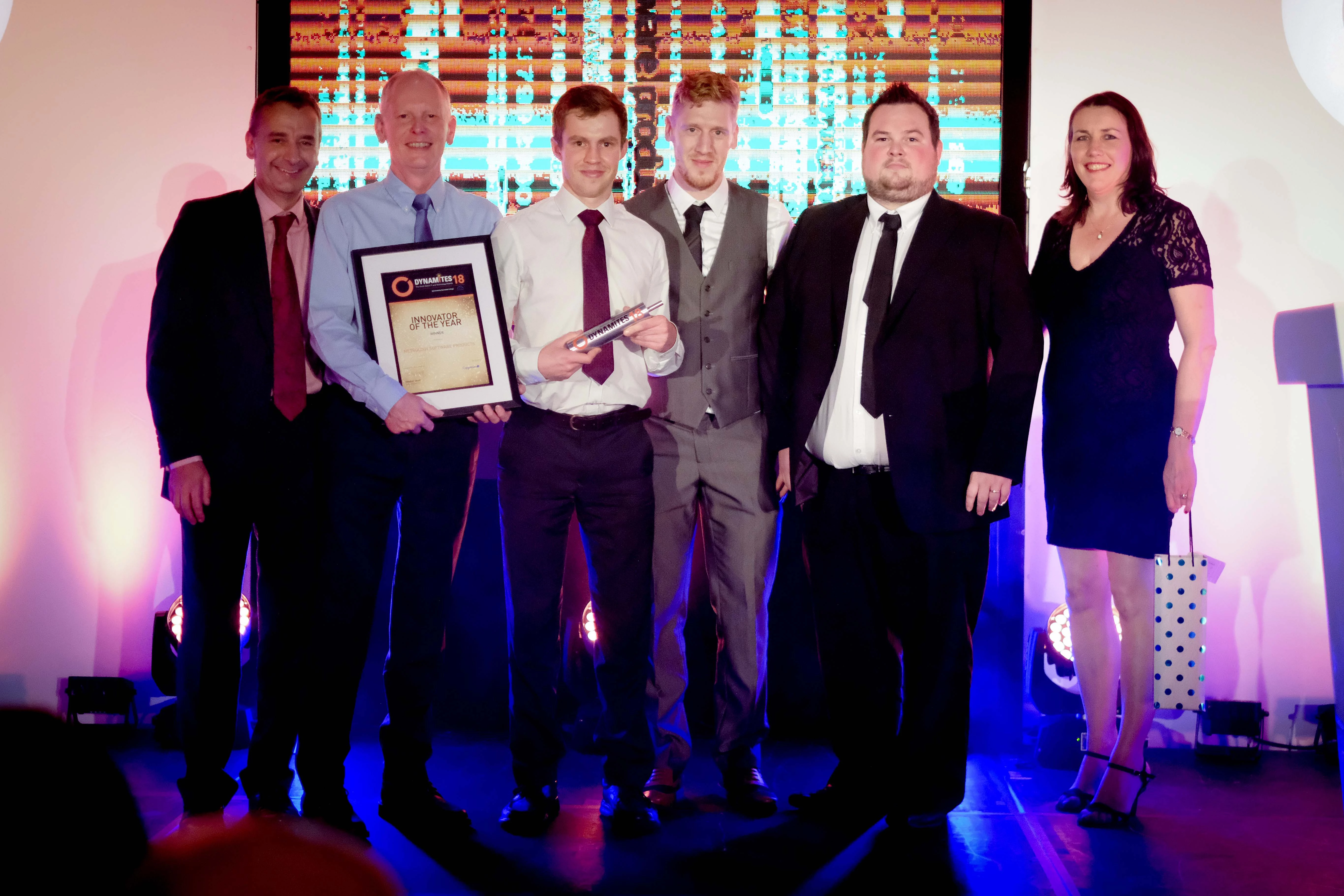 Left to right: Representative from Capgemini, Matt Oakley, presenting the ‘Innovator of the Year’ award to Tony Brown, Laurence Reeves, Stephen Doyle, Jonathan Dent and Marianne Whitfield from MSP.