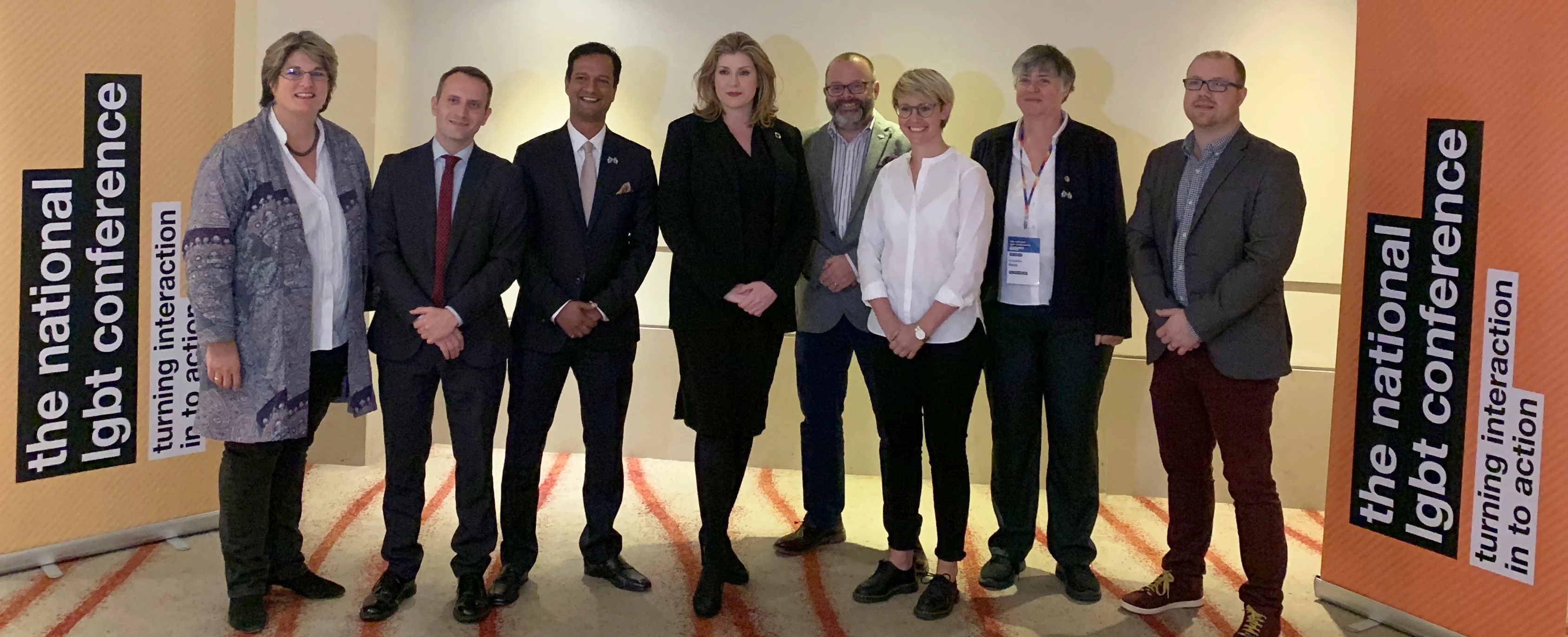 Pictured from left, Jayne Ozanne, Paul Dillane, S Chelvan, Penny Mordaunt MP (Secretary of State for DFID and Minister for Women and Equalities), Paul Martin, Stevie-Jade Hardy, Catherine Meads, Paul Roberts   