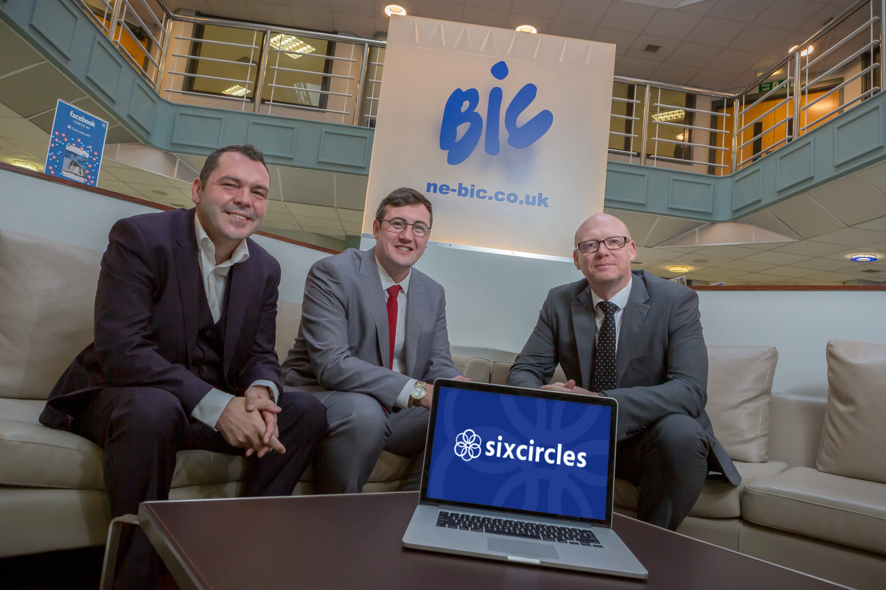 L-R: North East BIC’s Paul McEldon, Cllr Michael Mordey and Six Circles director David Cook