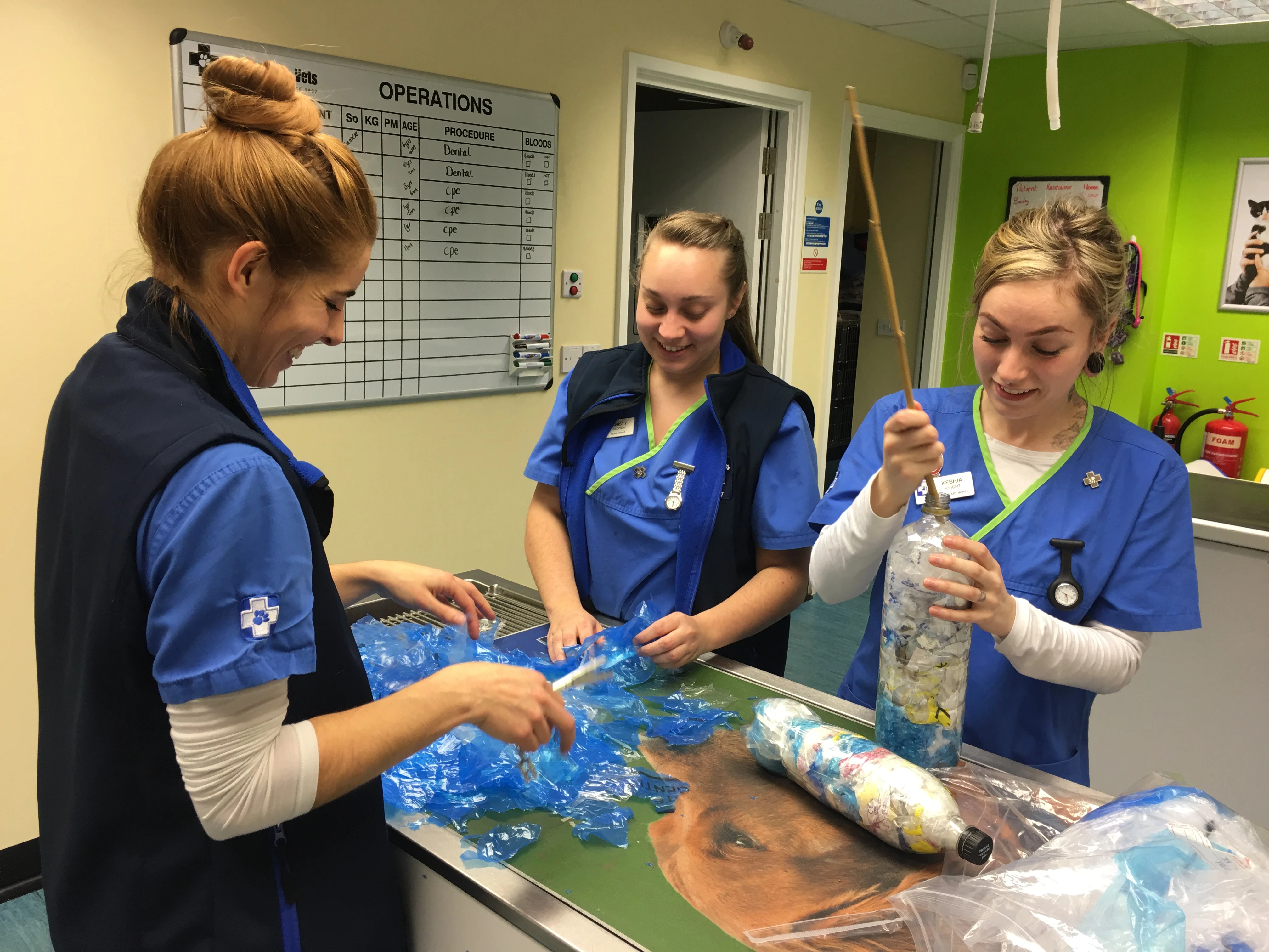 Helen Morris, Kristy Seddon and Keshia Knight from White Cross Vets in Gateacre creating the eco bricks