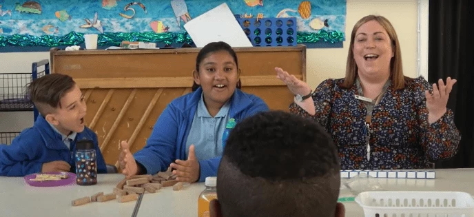 Head of St Lawrence’s Primary School, Charlotte Murray with some of the children at the Breakfast Club.