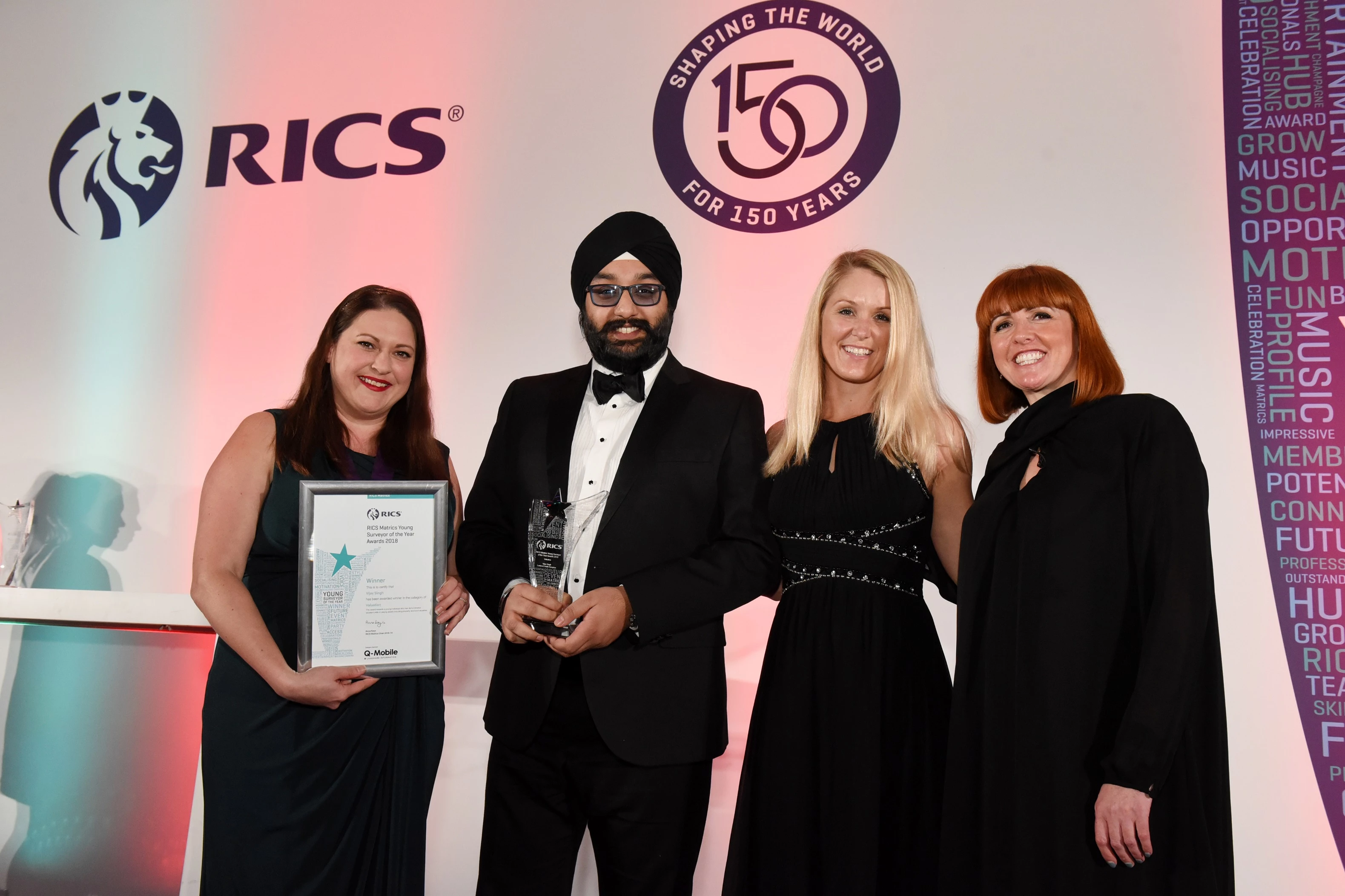 (left to right) Anna Keys (Chair of the RICS UK Matrics Board), Vijay Singh (LSH), Nicole Settlefield (Landmark Information) and Cally Beaton (Host & stand-up comedian)