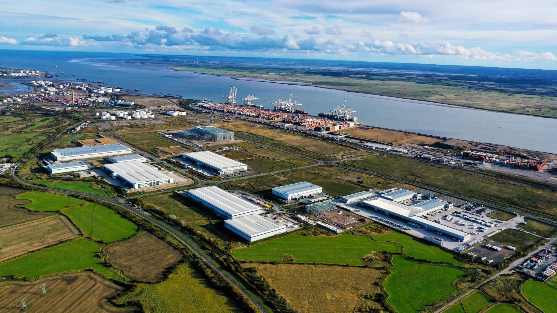 An aerial photograph of the Thames Freeport.