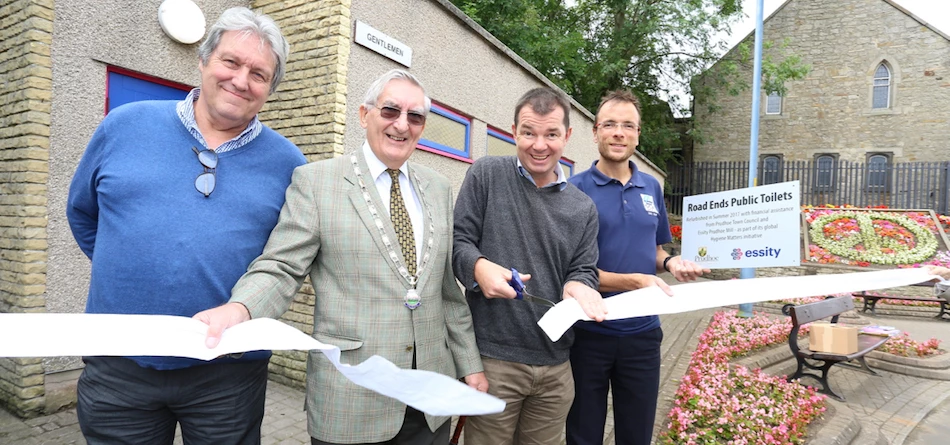 L-R: Northumberland County Cllr Ken Stow, Prudhoe Town Mayor Gerry Price, Guy Opperman MP and Essity's Terry Scott