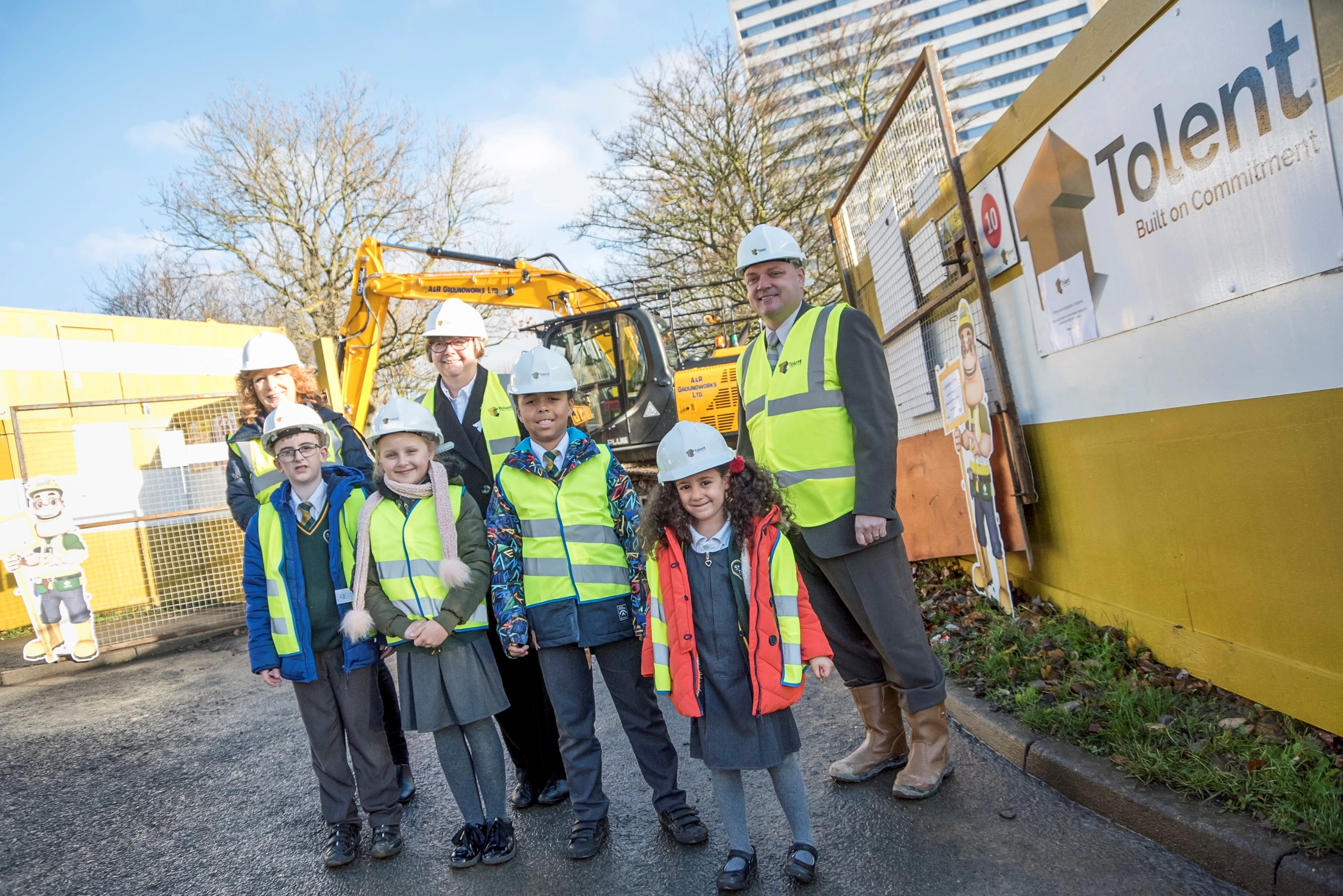 L-R: Heather Docherty (Newcastle Council housing delivery officer), Cllr Joyce McCarty and Mike Brown with pupils from St Michael’s 