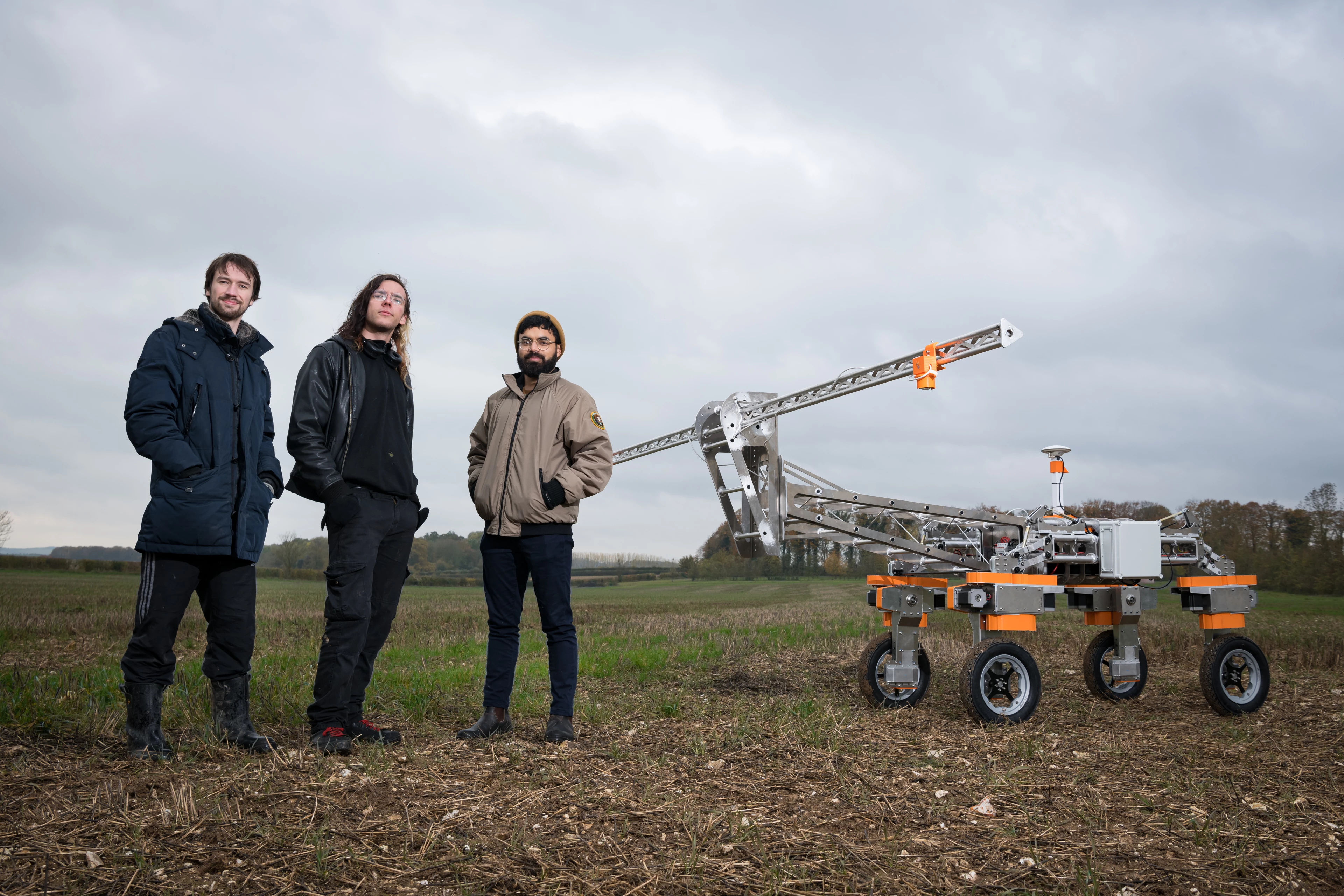 Tech team Robin, Nemo & Susant with next generation weed mapping robot Tom