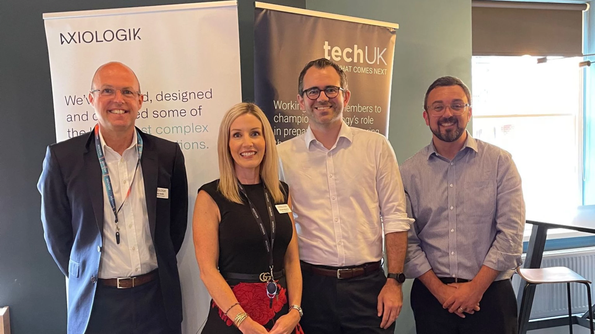 (L-R) Rob Smith - Commercial Director Axiologik, Rachel McElroy - Marketing Director Axiologik, Matt Evans - Director, Markets at techUK, Matt Robinson- Head of Nations & Regions at techUK