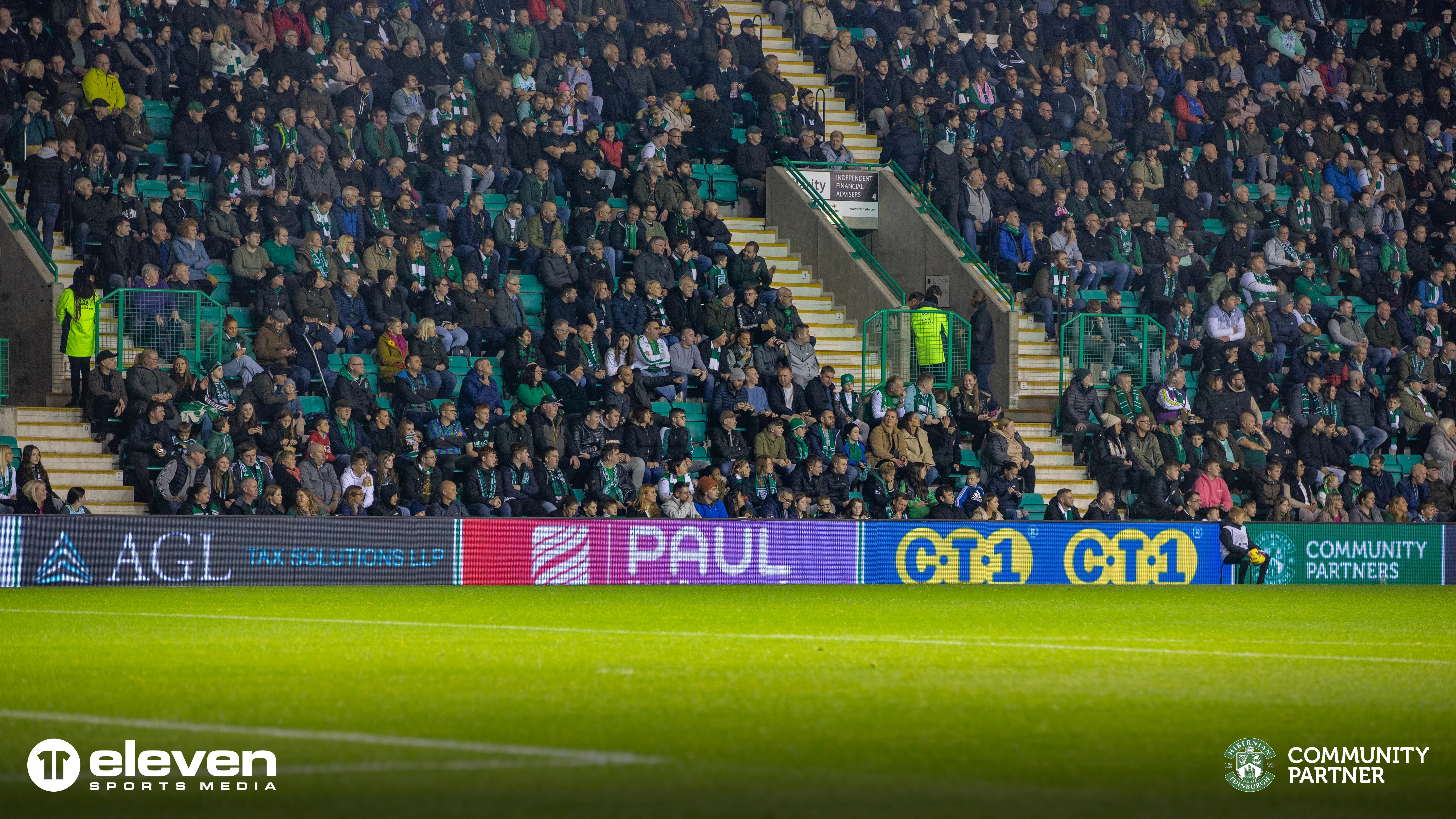 AGL Tax Solutions branding takes over the perimeter LED at Hibernian FC