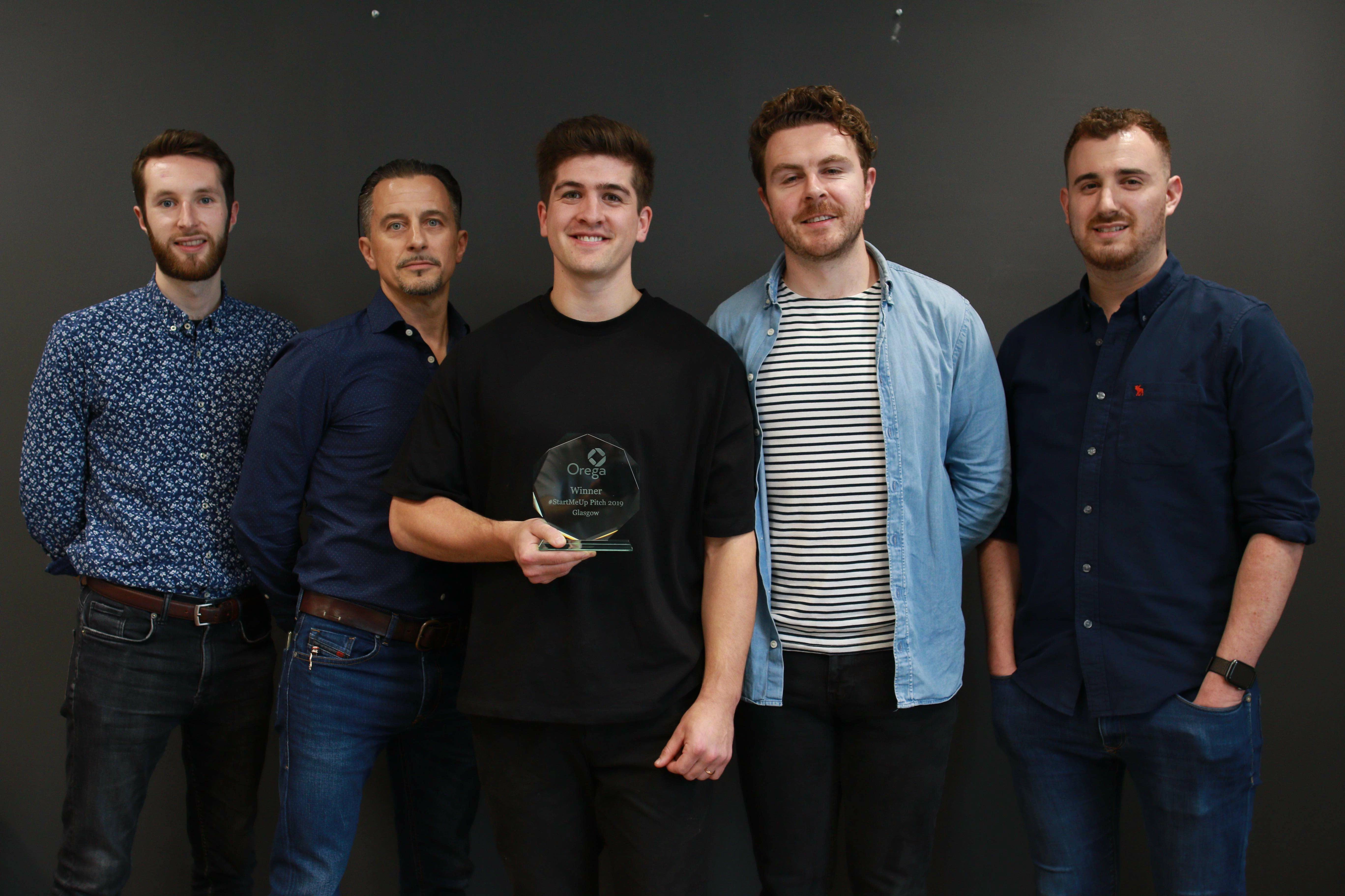 Orega #StartMeUp Pitch Glasgow winner Danny Campbell of Hoko Design (centre) with judges (L-R): Bruce Walker, Zach Douglas, Alan Mahon and Nick Cohen