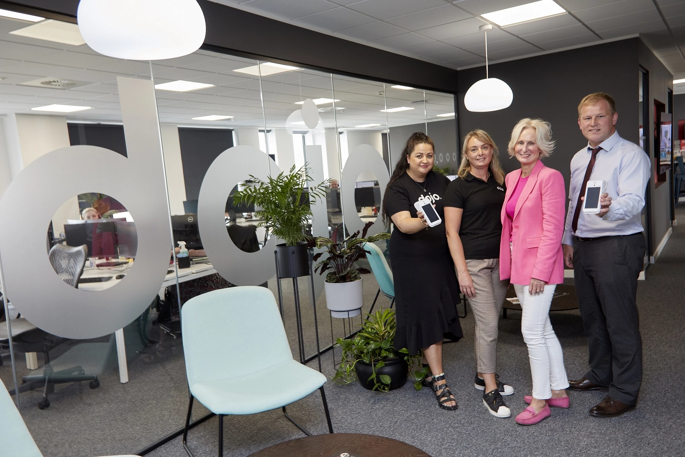 L-R: Dojo executives Ashleigh Sainsbury, Liz Briggs and Meg Darling, with Wykeland’s John Gouldthorp.