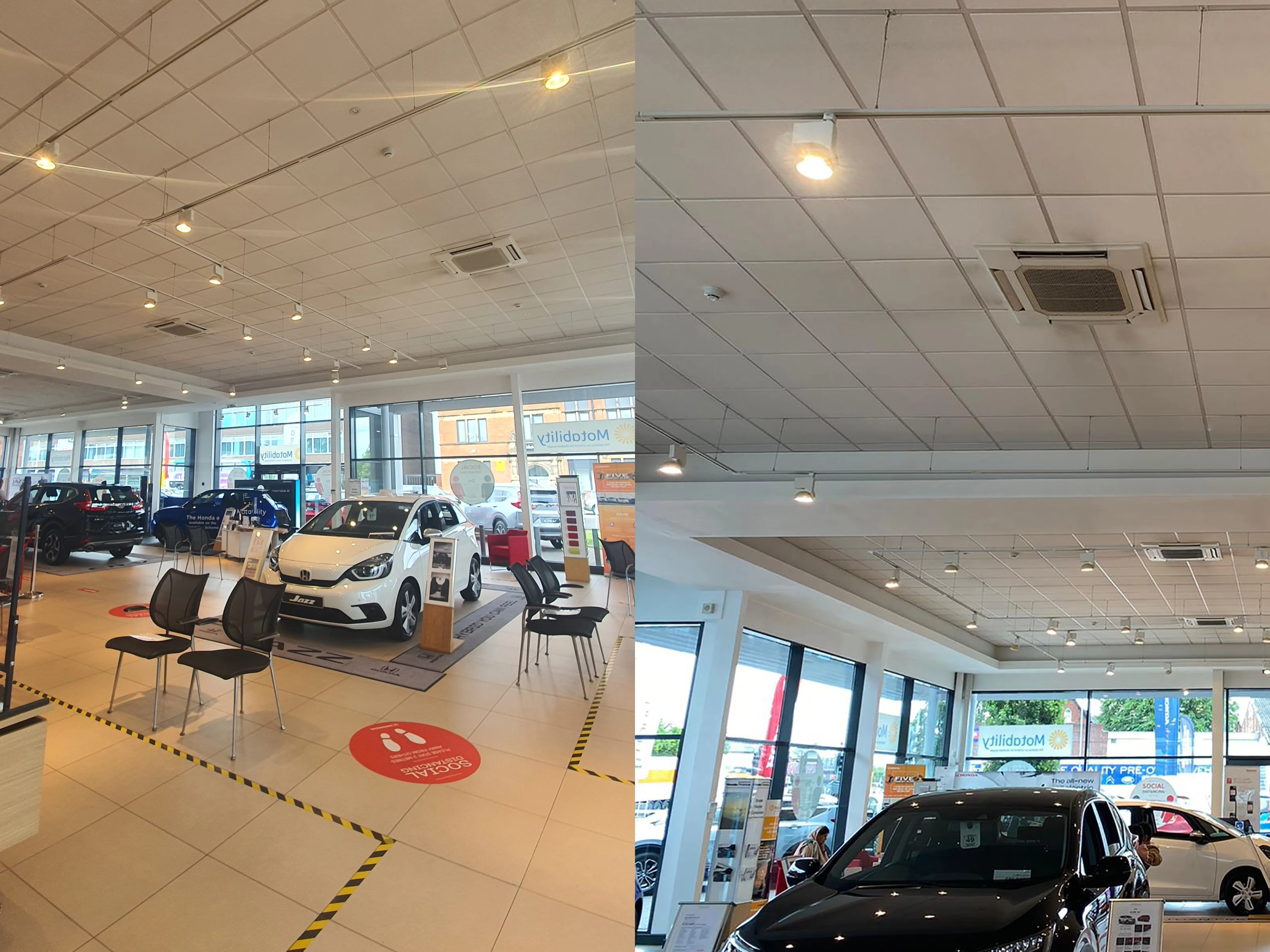 Before and after at Swansway Honda Stockport, one of the first recipients of the new light bulbs.