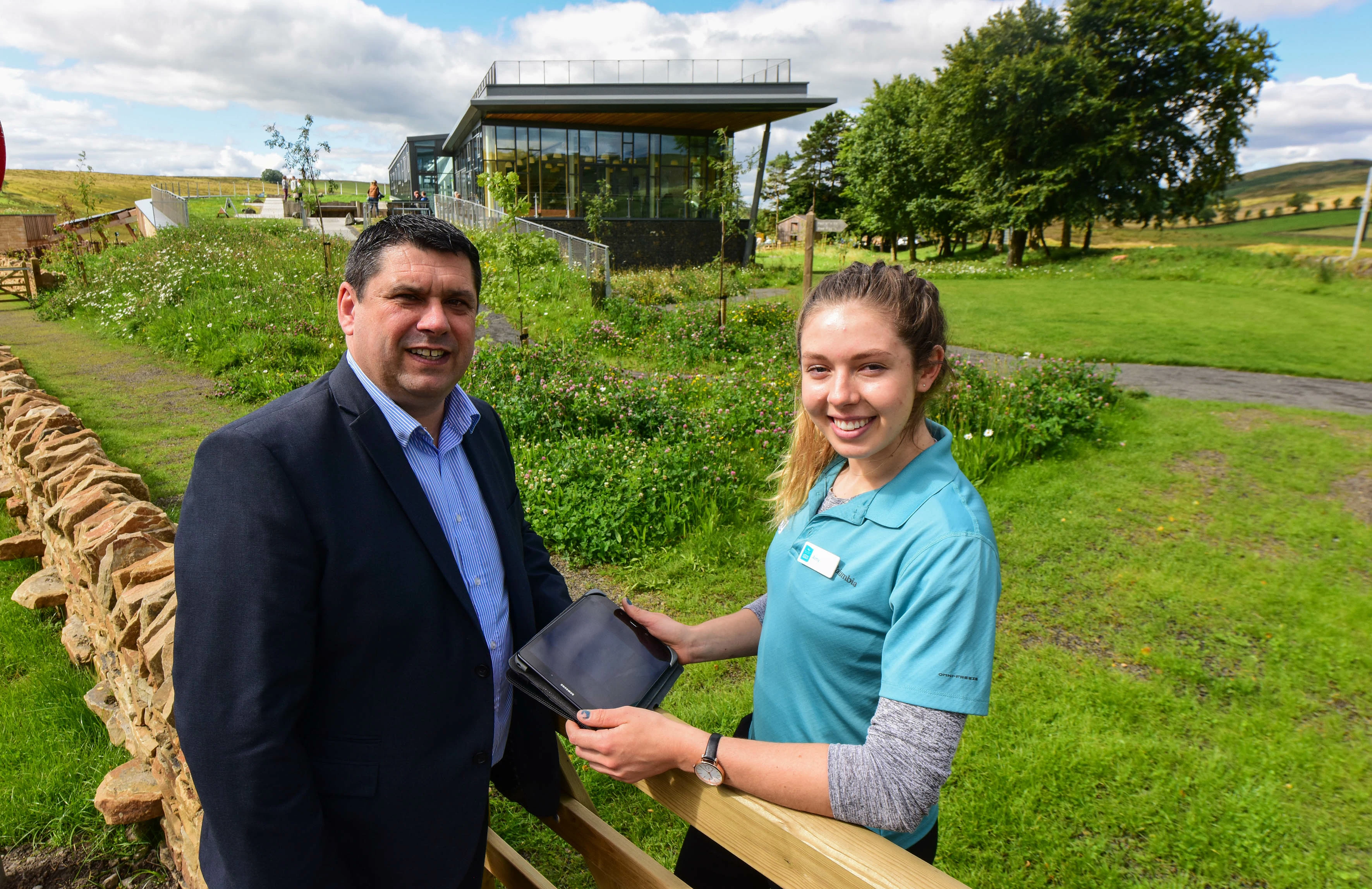 Amy Stockdale, (right) of the Visitor Welcome Team at The Sill visitor attraction, Barden Mill, near Hexham, with Keith Watson of Aspire Technology Solutions, who provided all of the IT connectivity and the site.