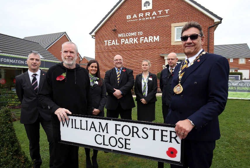 (l-r) Barratt Homes Development Director Neil Milburn, local historian Peter Welsh, Barratt Homes Grace Ford, Leader of the Council Graeme Miller, Barratt Homes Helen Gates, Councillor Tony Taylor and Deputy Mayor David Snowdon 