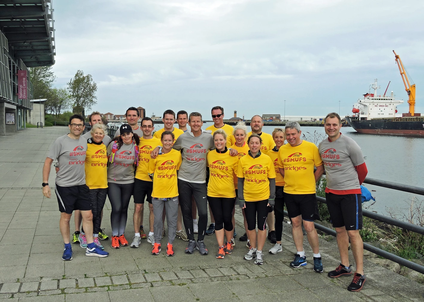 Steve Cram and Aly Dixon (centre), and John Seager (far right) with the LandAid fundraisers on the route of the Siglion Sunderland City 10K