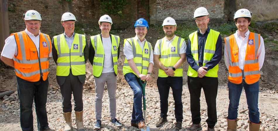 L-R: site manager Mark Alderson (Barnfield), contracts manager John Parkinson (Barnfield), CEO Stephen Slater (Real Estate Partnerships), development surveyor Simon Gallanders (Real Estate Partnerships) and site manager Sam Jackson (Barnfield)