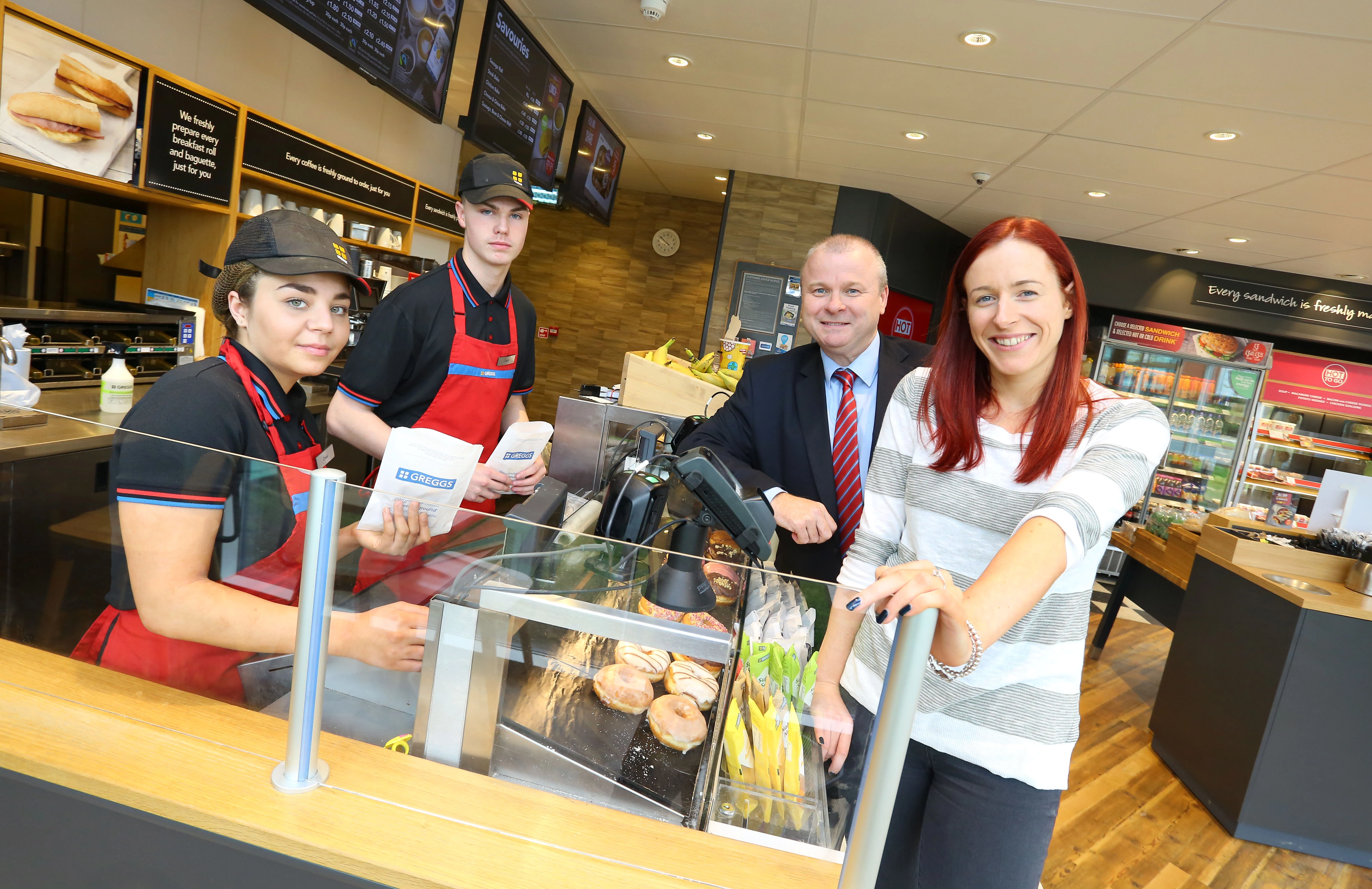 Apprentices Jack Ferguson and Daisi Watson with Ivan Jepson of Gateshead College and Katie-Anne McCue of Greggs 