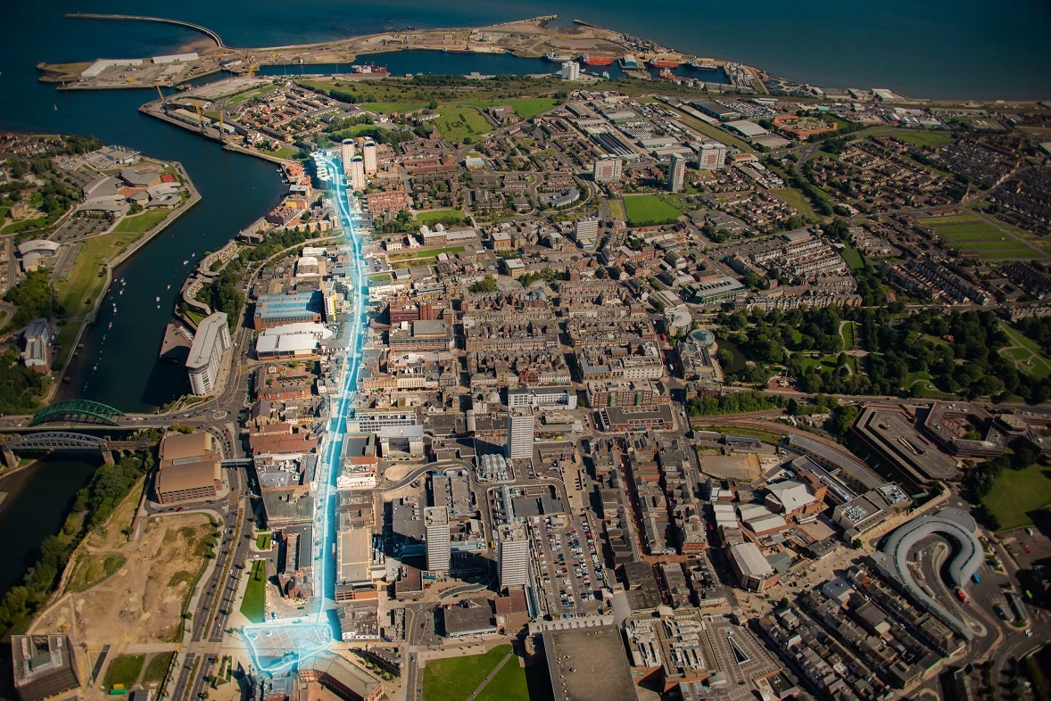 Initial deployment of 5G ready WiFi within the area of Keel Square and High Street West, Sunderland on an aerial map