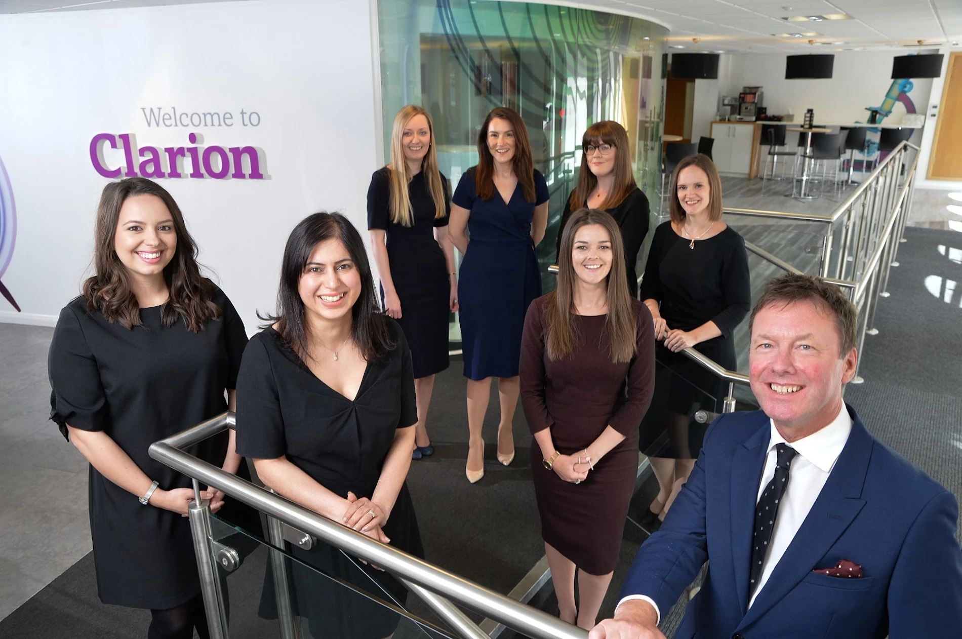 Chris Booth with Clarion’s employment team comprising (front L to R) Hannah Newbery, Sarah Tahamtani and Charlotte O’Connor; (back L to R) Deborah Warren,  Victoria Clark, Zoe Roberts and Joanna Dodd