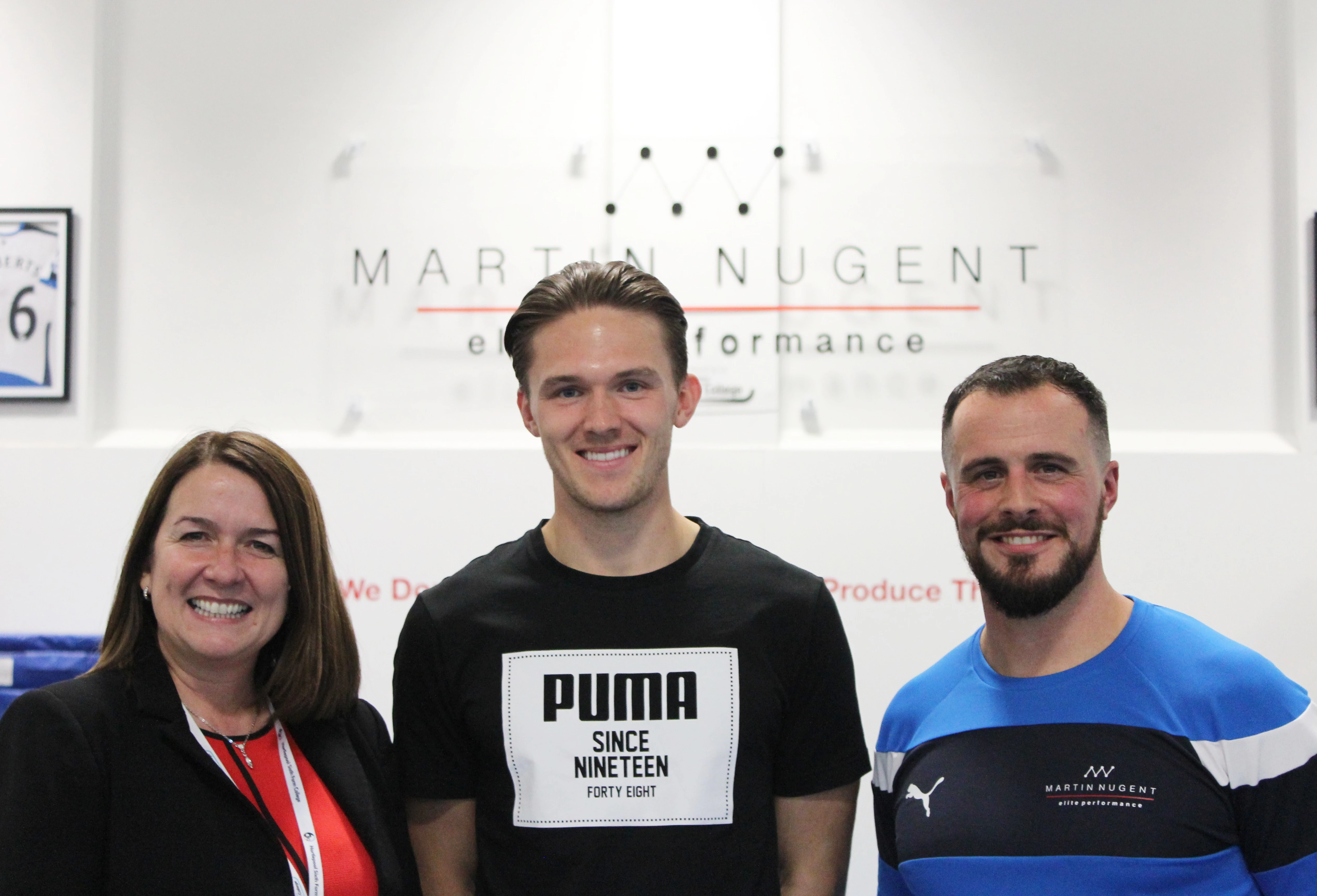 Sunderland College chief exec Ellen Thinnesen, NUFC's Freddie Woodman and founder Martin Nugent