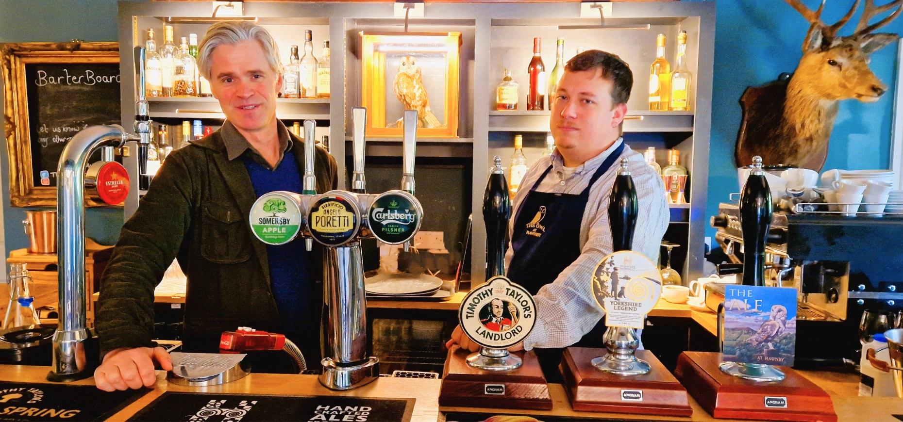 Jamie Savile and Sam Varley at the well-stocked bar in the Owl.