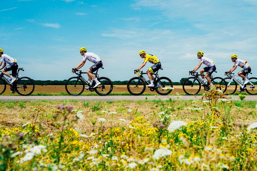 Chris Froome and Team Sky in action at the 2017 Tour de France, one of the cycling fine art prints available from Russ Ellis through SpinShed.com