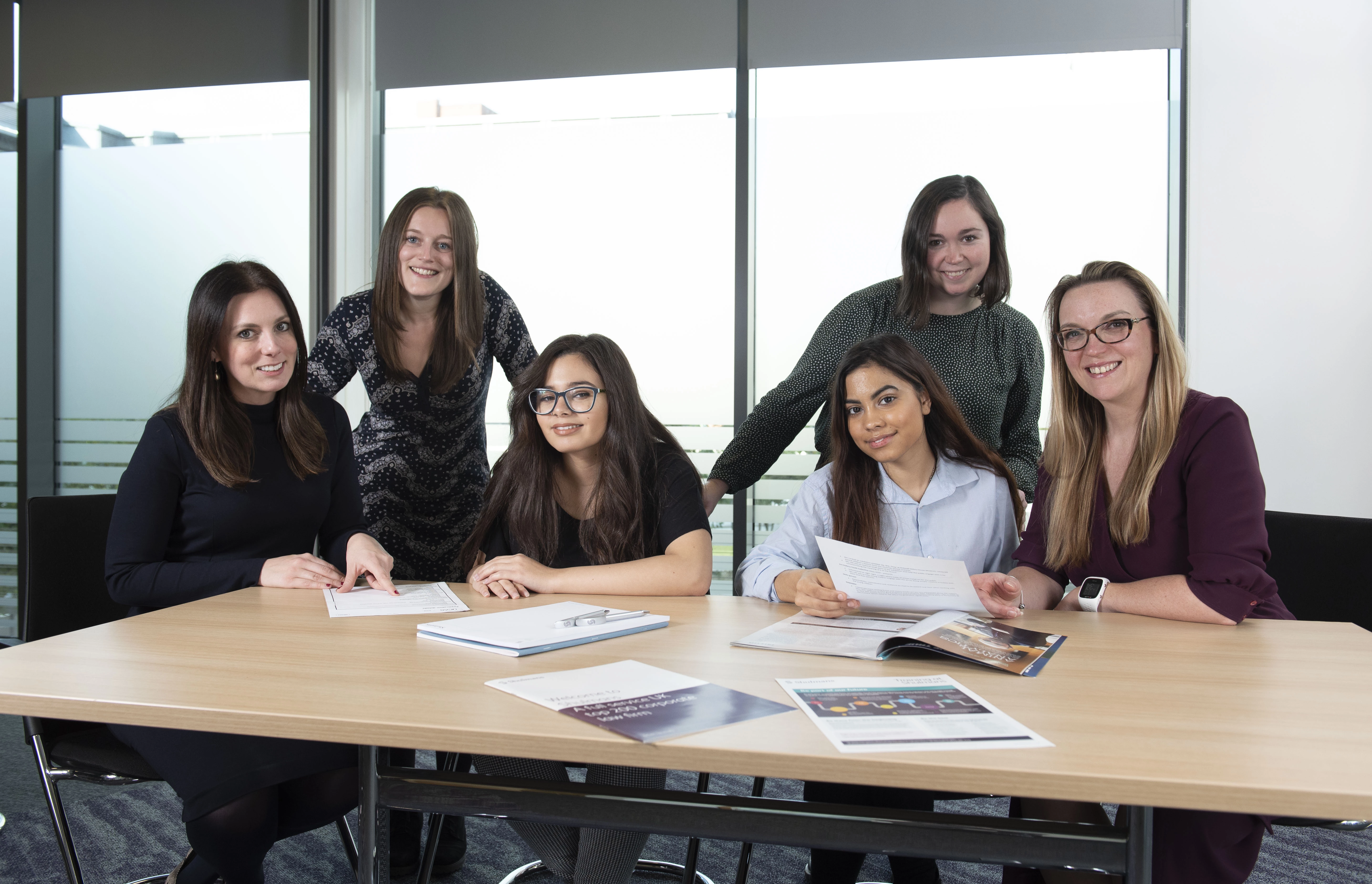 L-R Sarah Briscall (Shulmans), Sophie Little (SMF), Kyah Parchment, Sana Chishti, Sarah Crossan (SMF), Emma Roe (Shulmans)