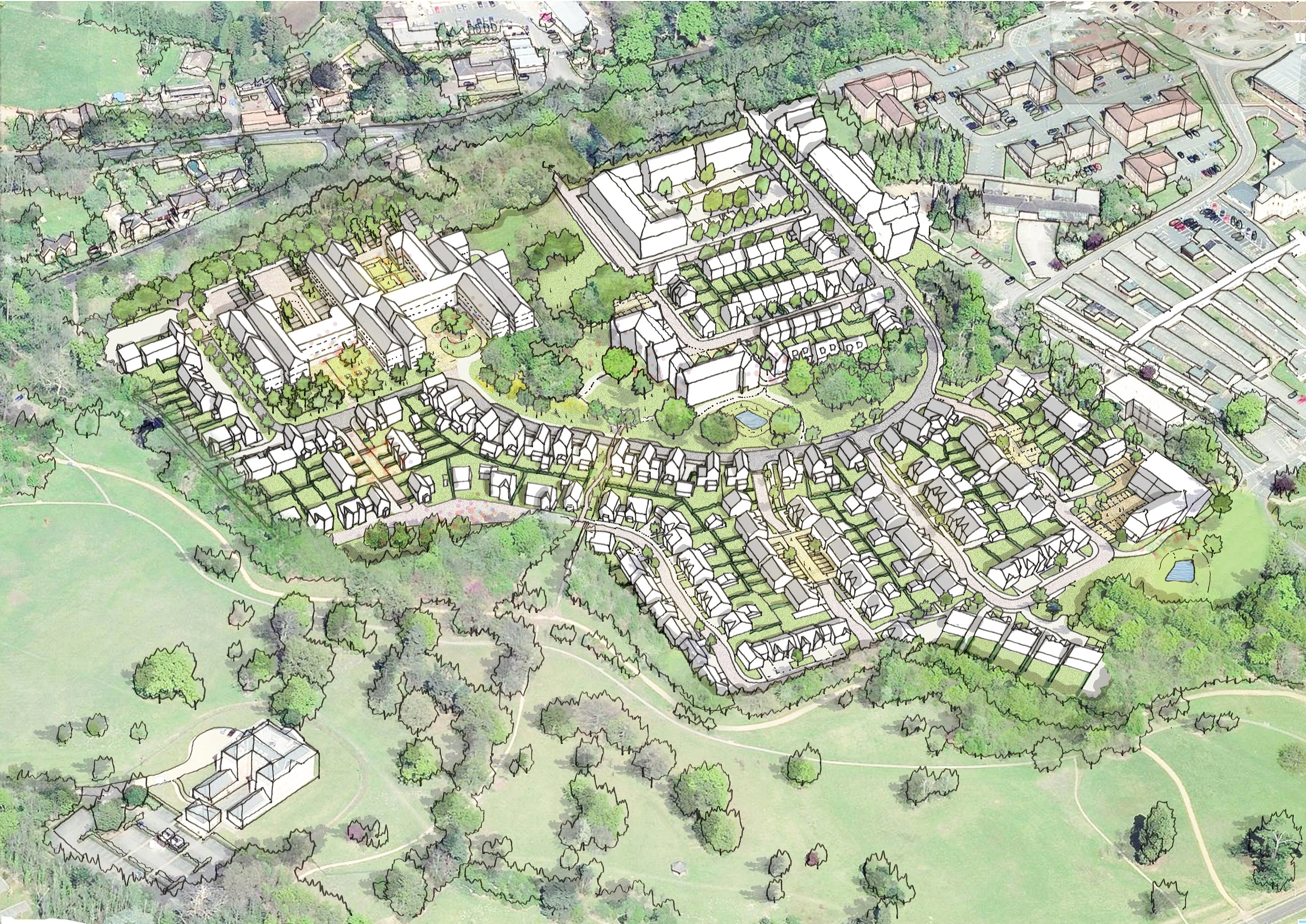 Aerial shot artist's impression Surrey development